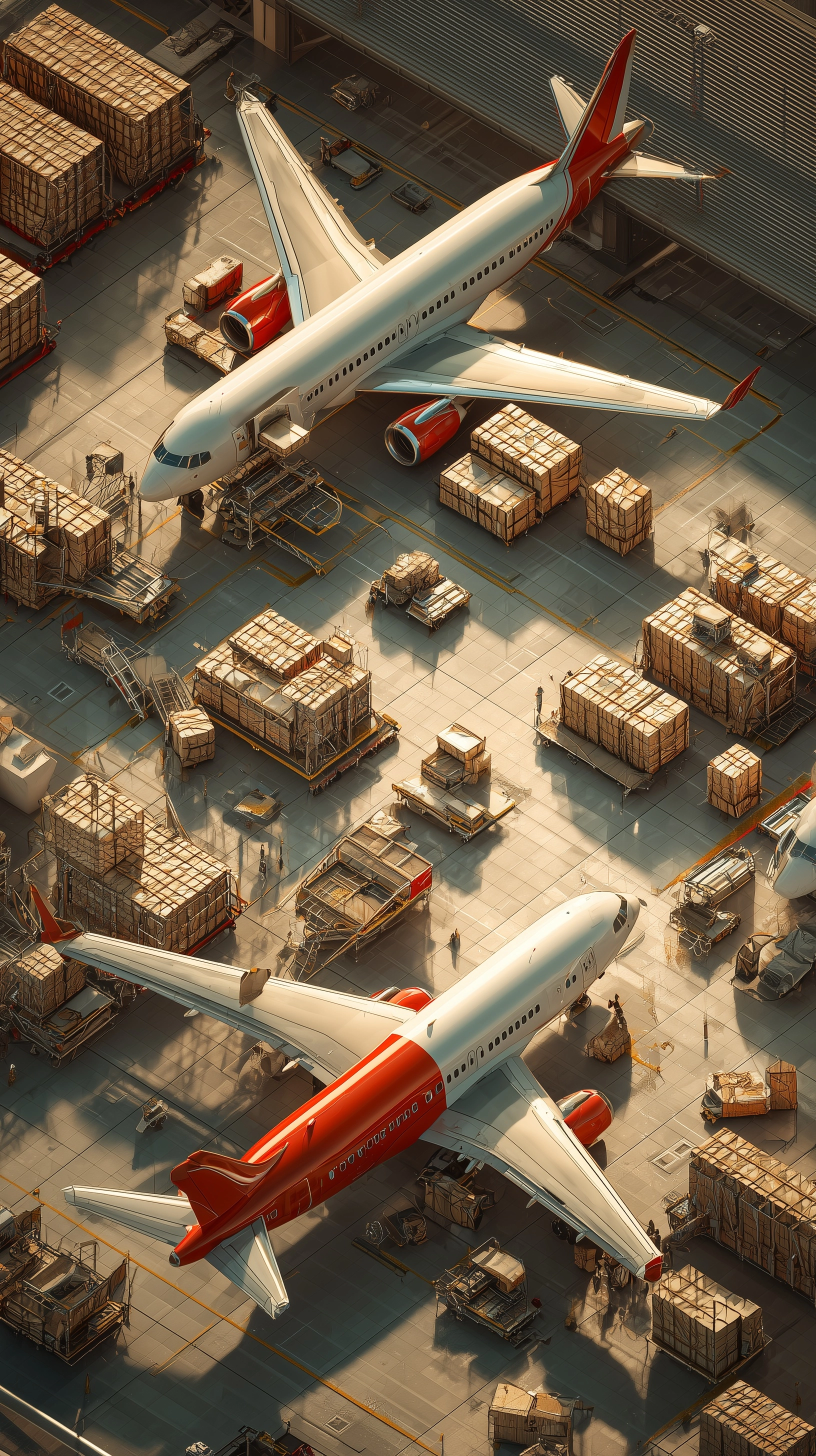 3d rendered image of planes being unloaded with crates at a busy european airport