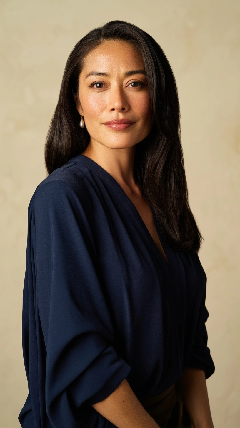 44-year-old Hispanic woman, professional meditation writer and engineer, front-facing medium shot
