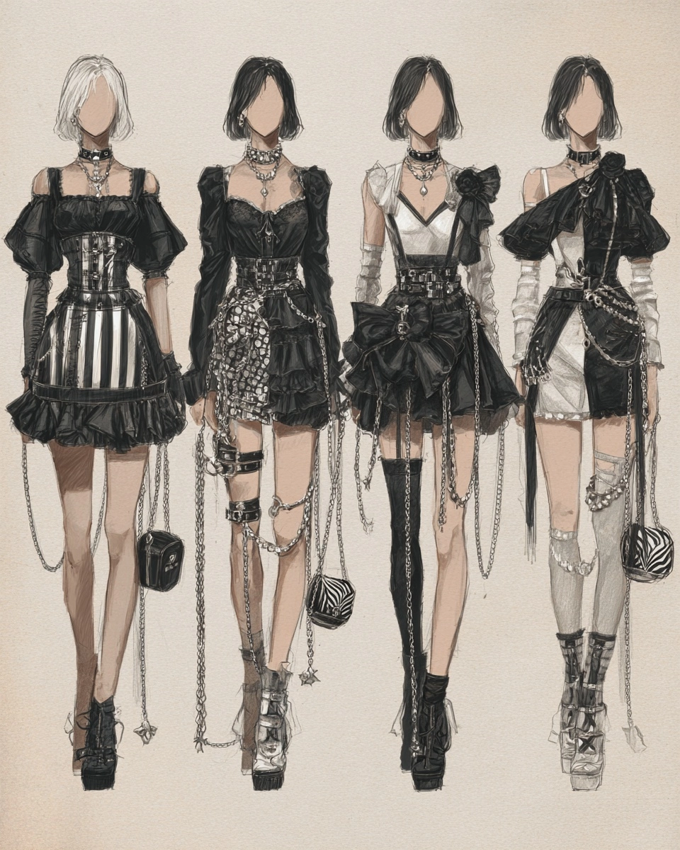 4 different outfits, gothic punk rock and black with white stripes, plaid dress, frilly skirt