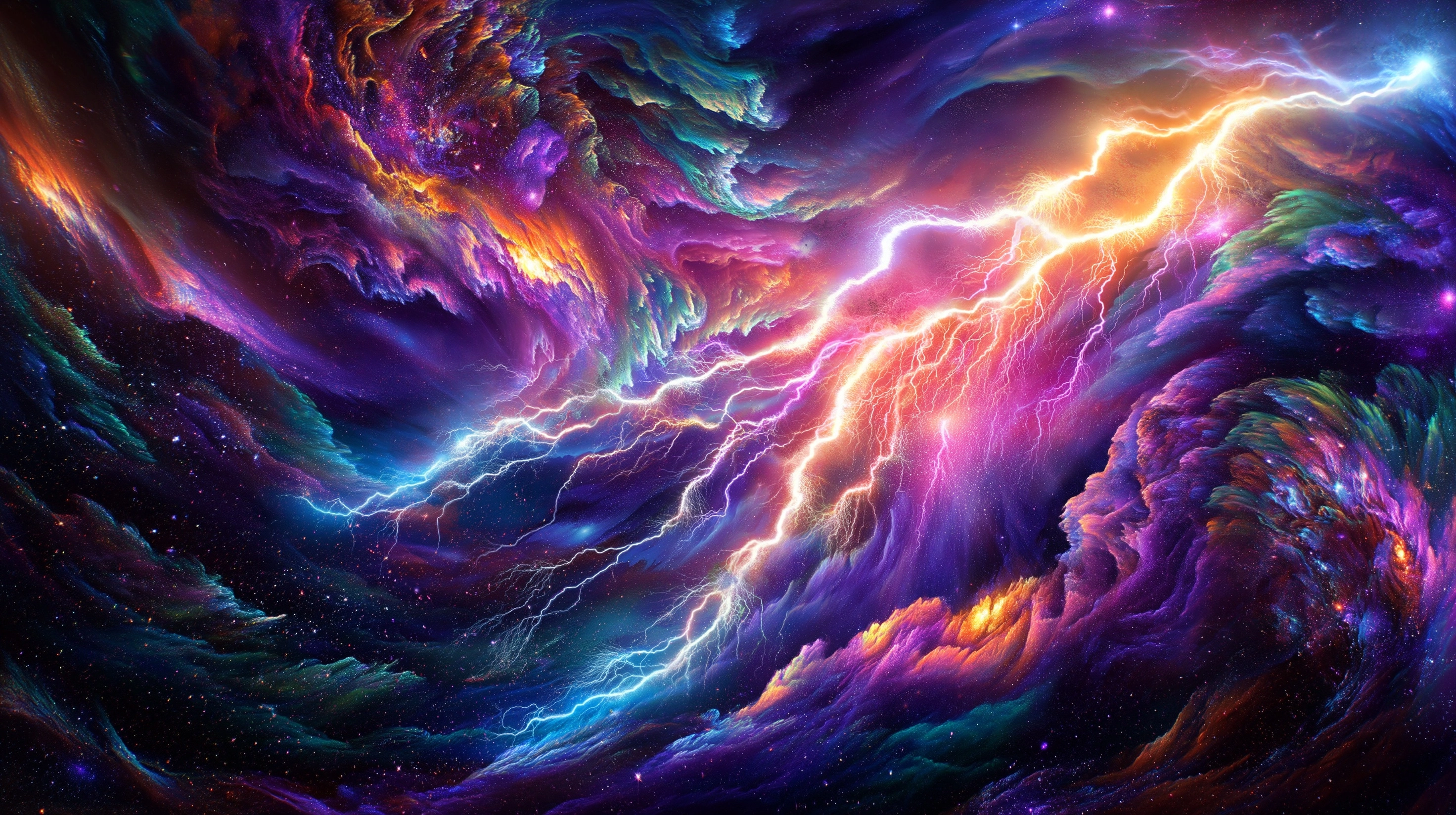 Psychedelic colorful cosmic lightning stardust texture, glowing, polished, reflective, stock
