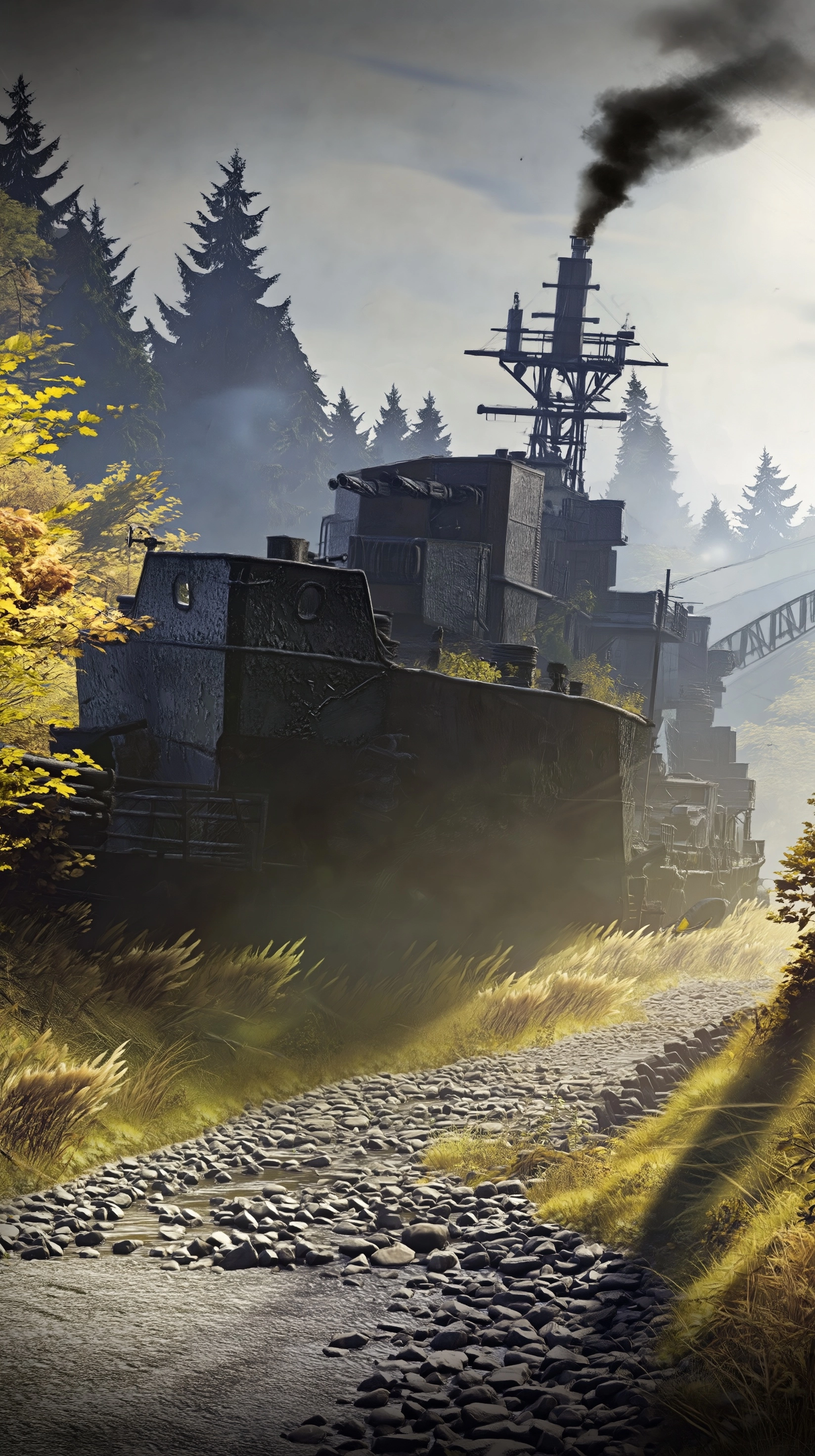 4K Photorealistic imagery: A weird looking war boat is sinking in a small creek.