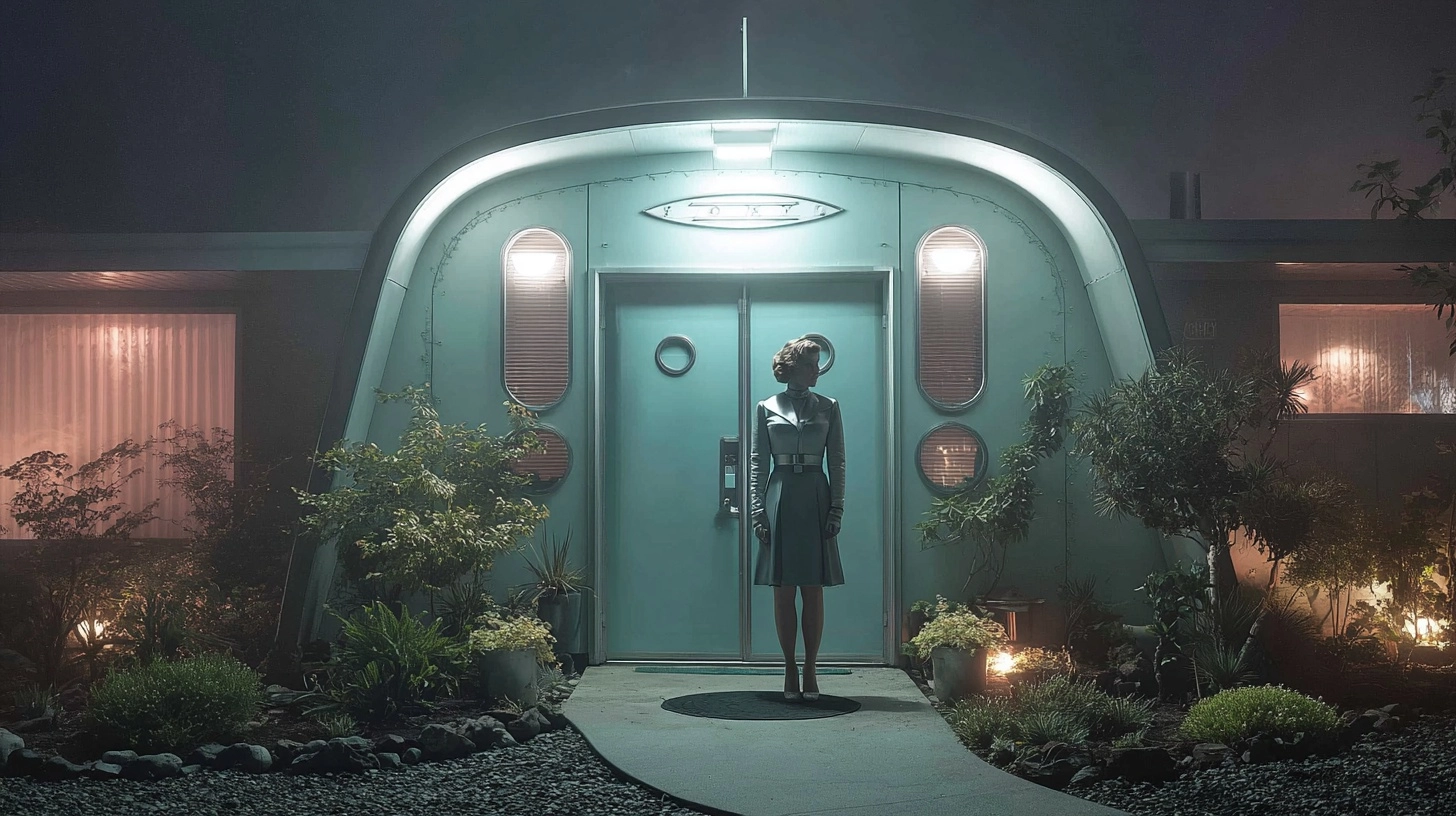 A 1950s Twilight zone film still, retrofuturistic female astronaut knocking on a space age googie ae