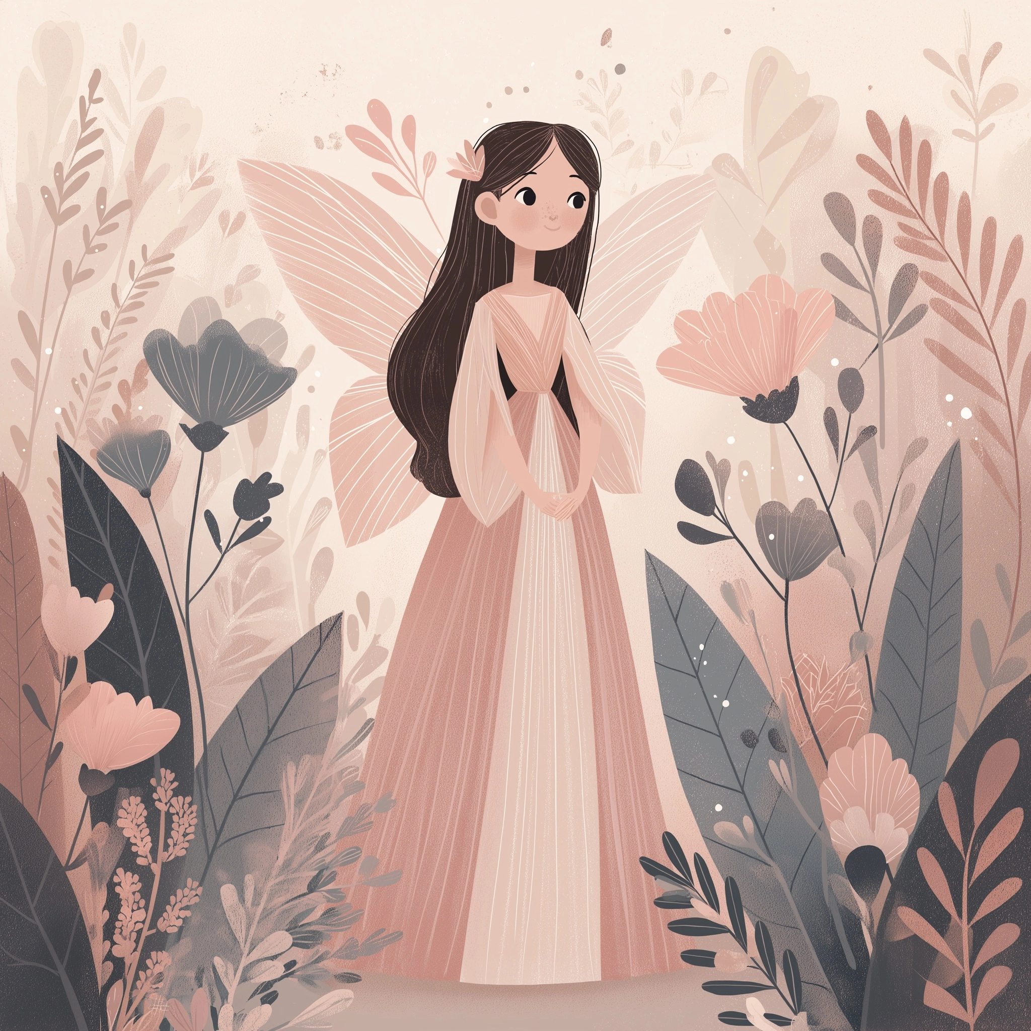 A beautiful fairy princess standing gracefully in a magical flower meadow