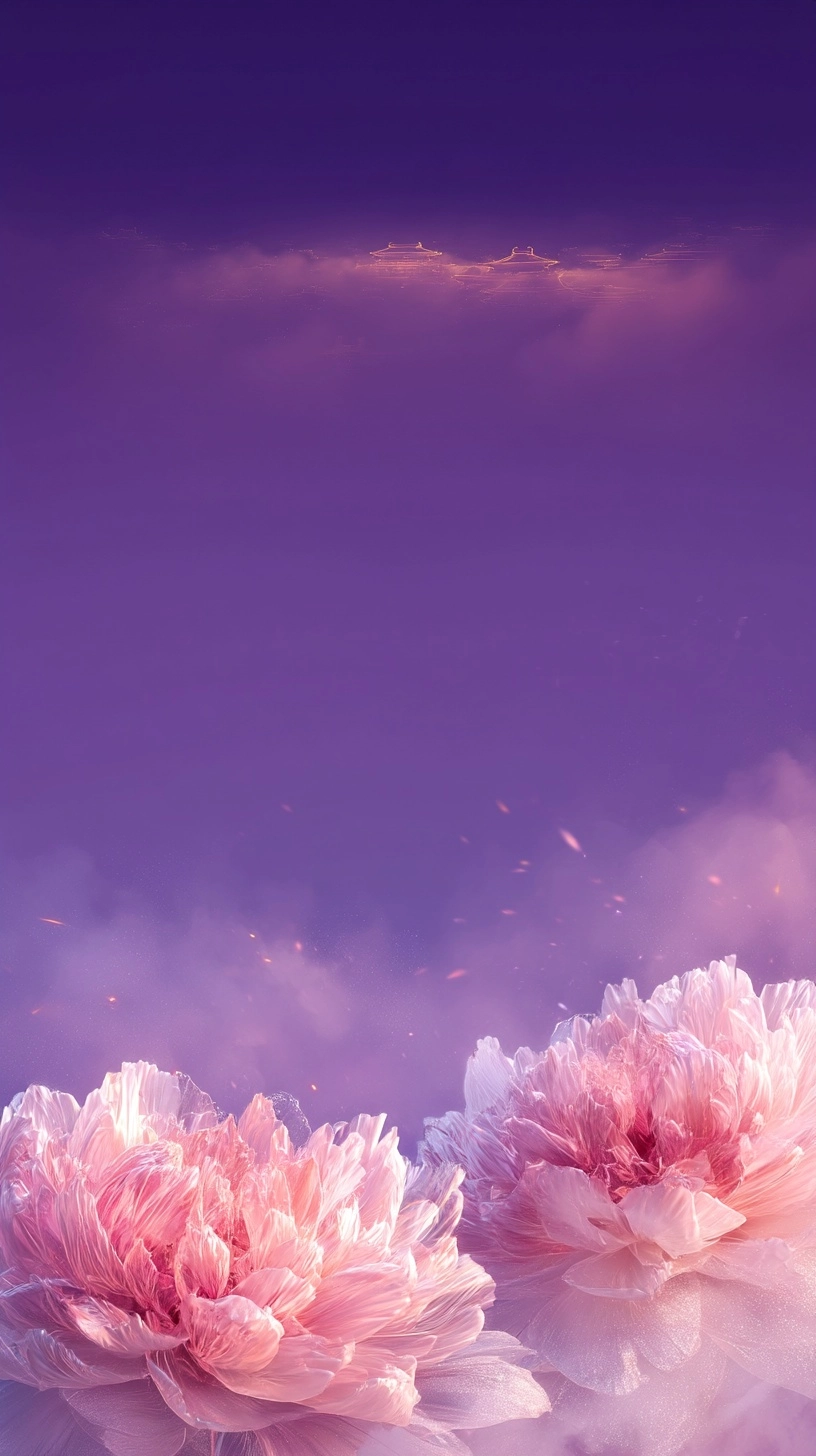 A minimalist luxury poster for Luoyang Peony, night theme. Composition: Large center negative space