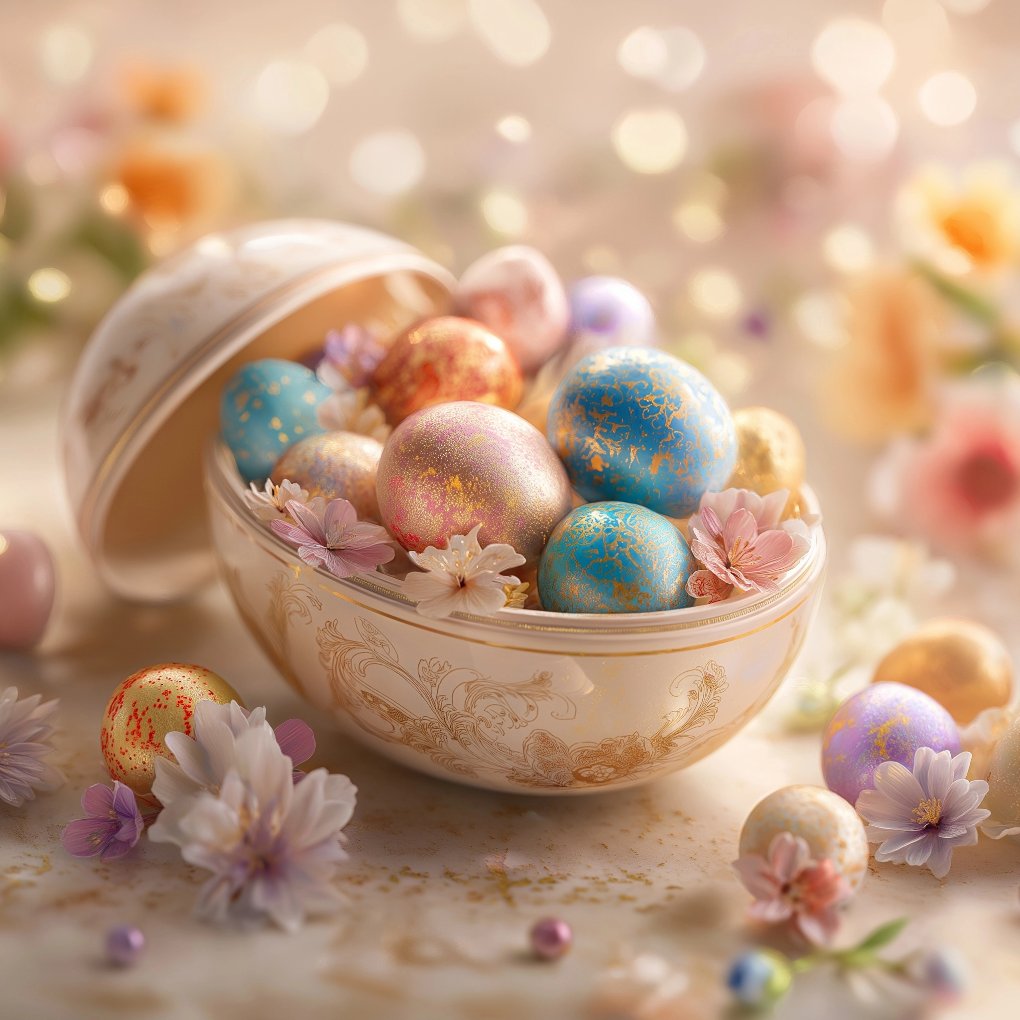 A beautifully crafted open Easter egg filled with elegant, colorful candies, soft pastel tones