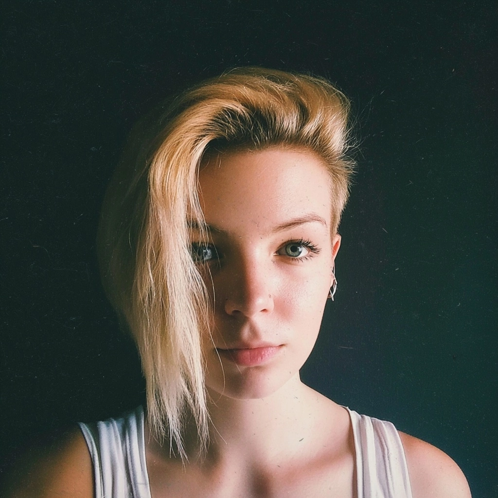 Amateur photography, deviant art model type, dyed blonde woman with short hair combed to one side