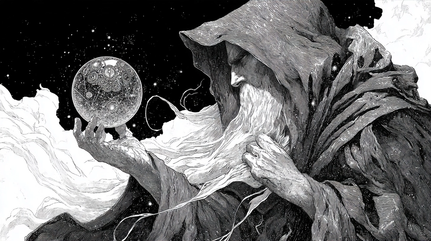A black and white drawing of an arcane wizard pondering his glittering orb of power