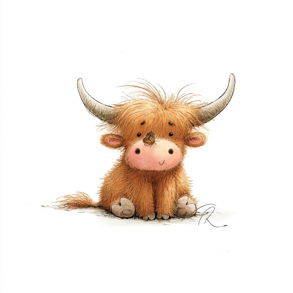 A cartoon highland cow with a butterfly on his nose, white background, r, adorable style