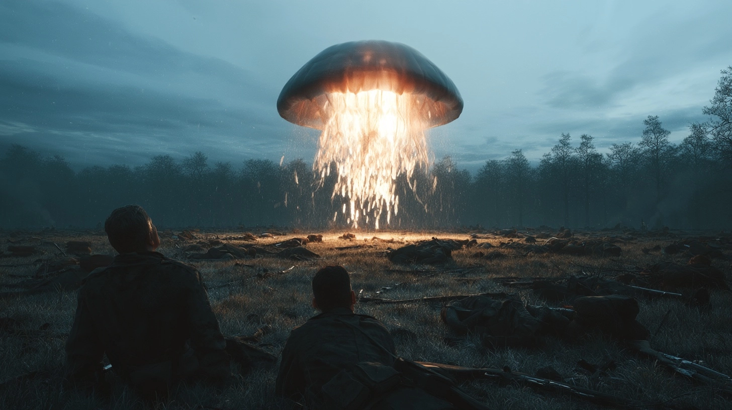 A cathedral-sized jellyfish floating above a battlefield