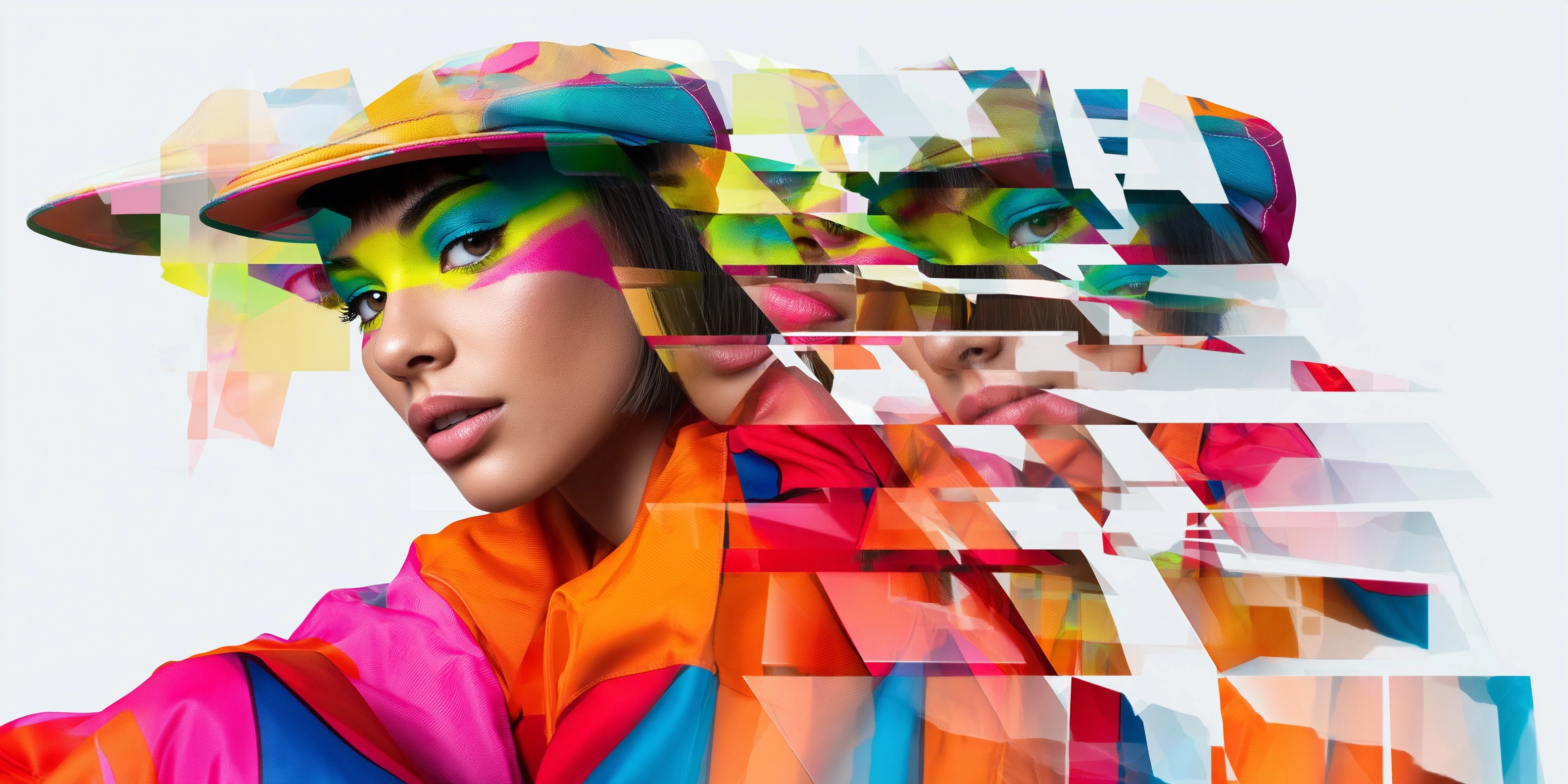 A conceptual portrait of a 20-year-old urban woman, with multiple faces fragmented and superimposed