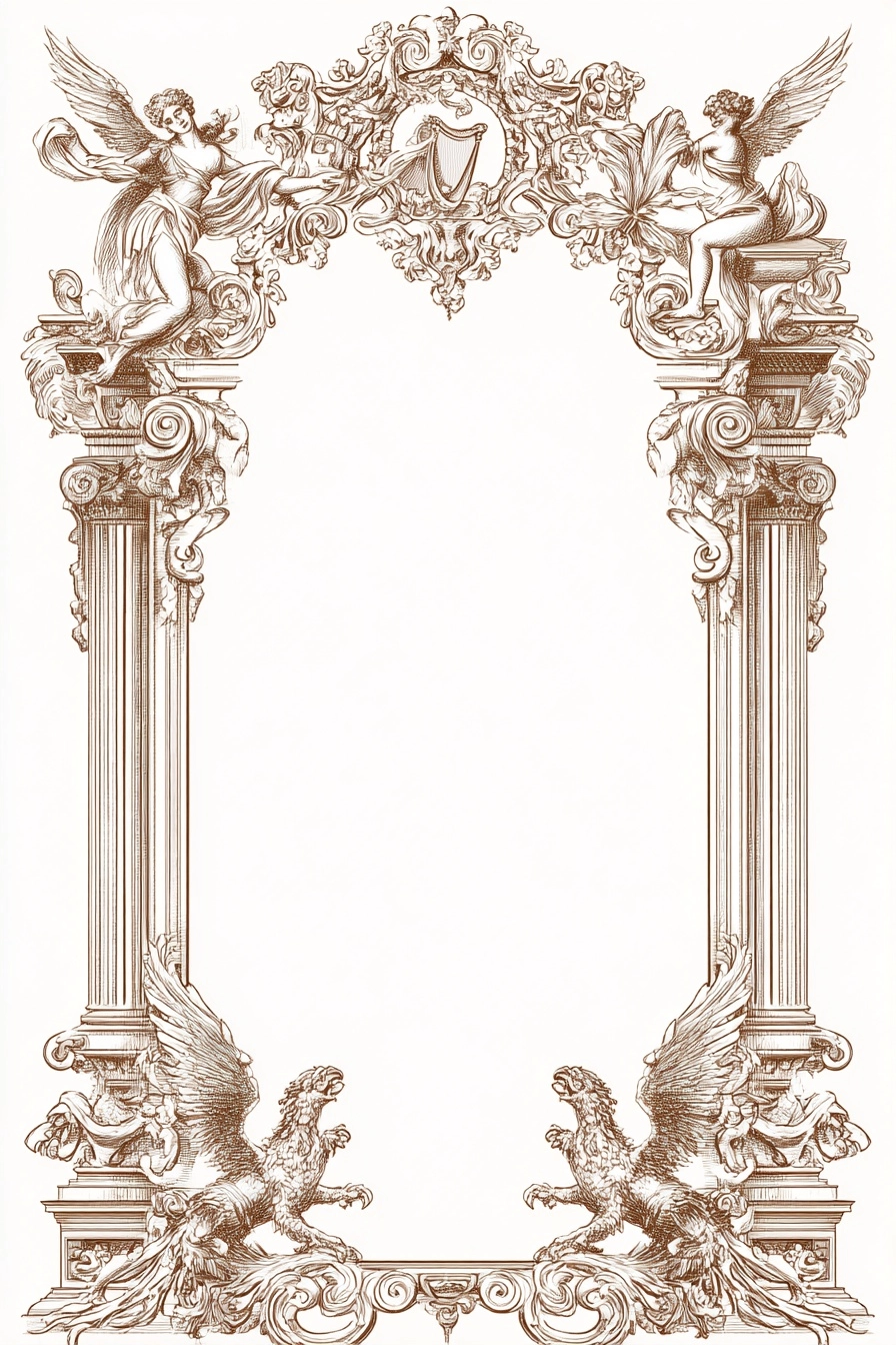 A clean, highly-detailed neoclassical and baroque-rococo combined ornate border frame