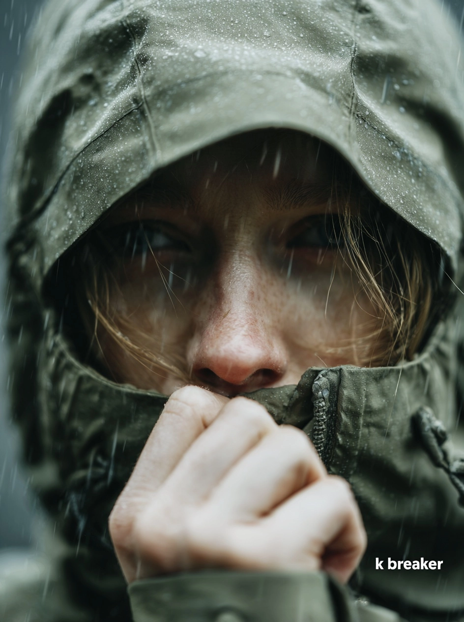 A close-up of a hand covering the mouth, wearing an olive green windbreaker with the hood and collar