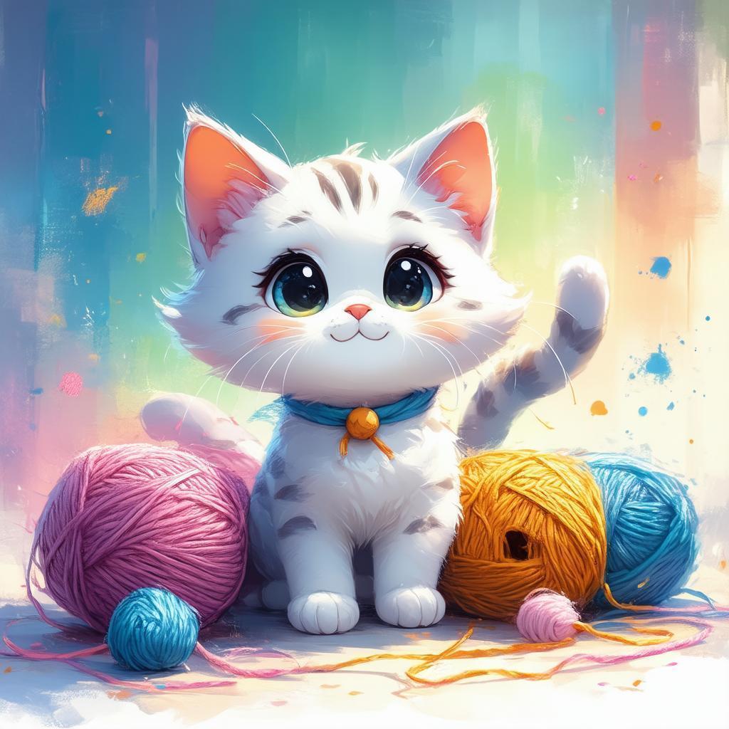 Yarn Loving Anime Cat in Vivid Color