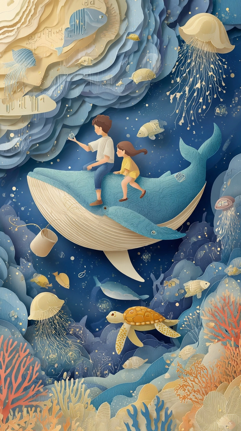 A colorful paper-cut, an open shell with musical notes and a music staff inside