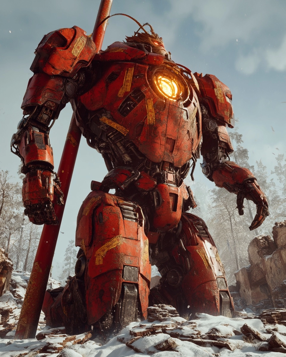 A colossal 8-meter-tall heavy red mech, inspired by the Monkey King. The metal surface is covered in