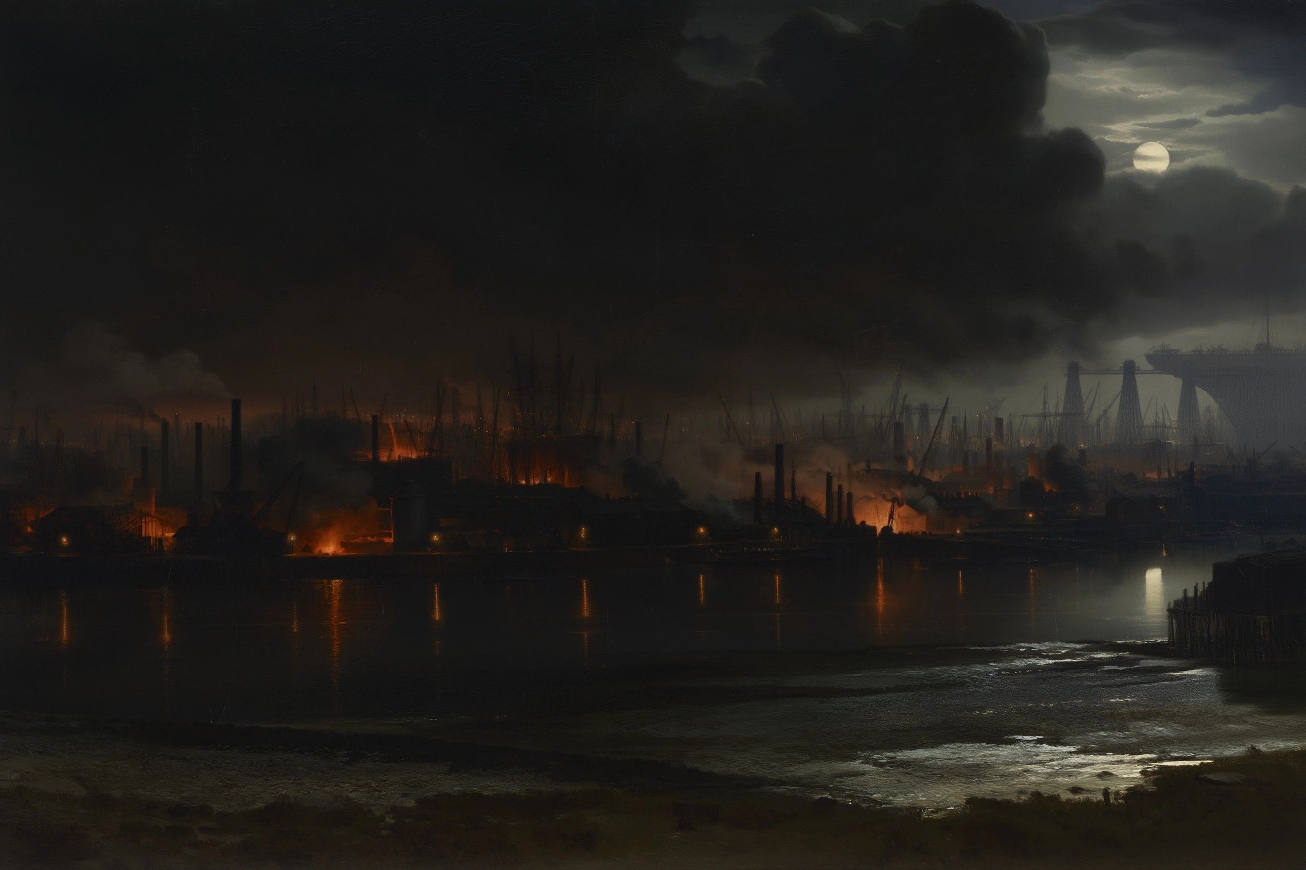 A distant nighttime view of the Isle of Dogs in the 1850s, seen from across the Thames