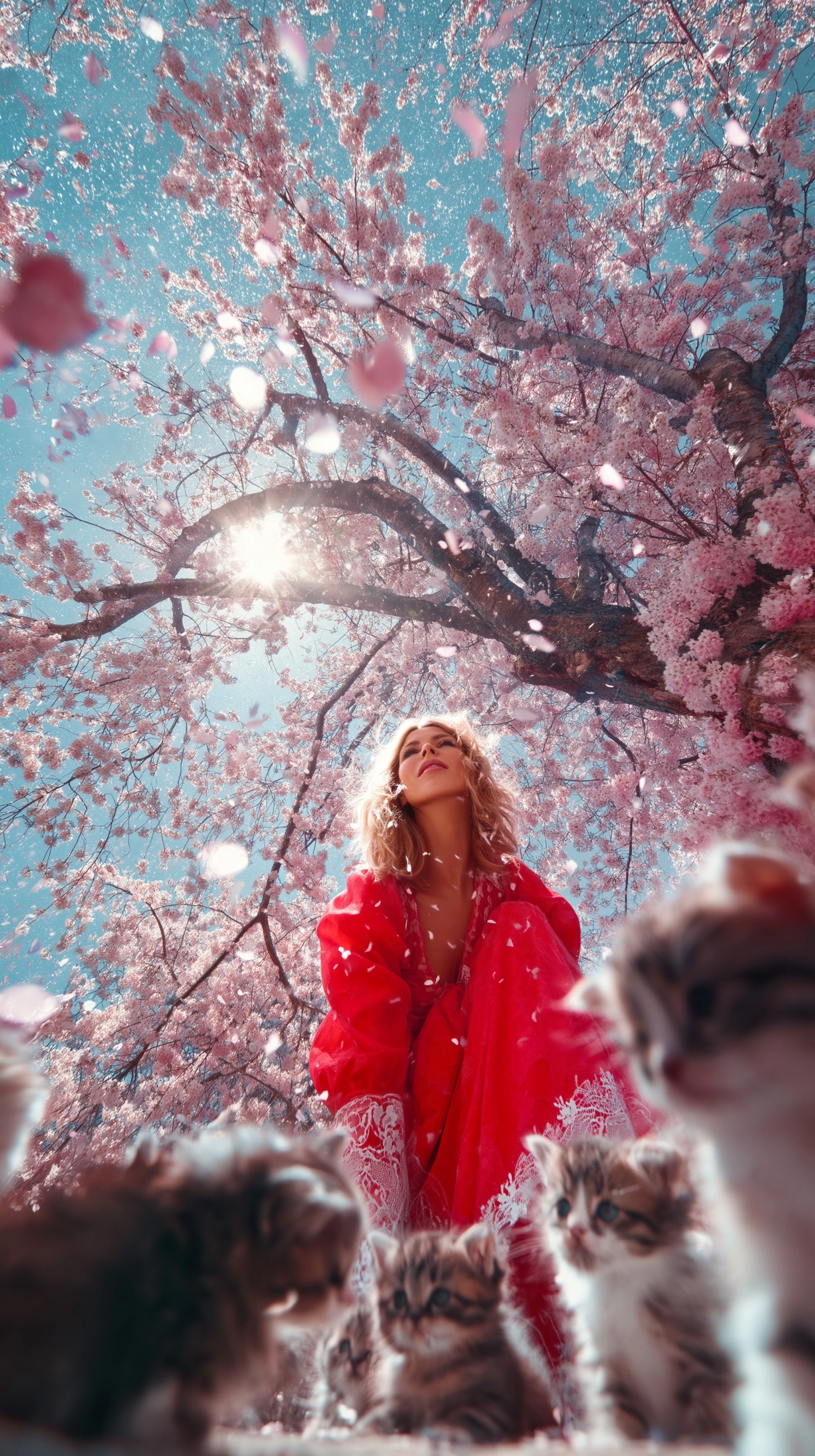 A dramatic low-angle shot from the ground, looking up from beneath a giant cherry tree in full bloom