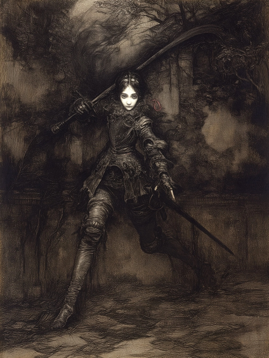 A full-body portrait of a tall, deadly blademaster undead lady; she is clearly dead