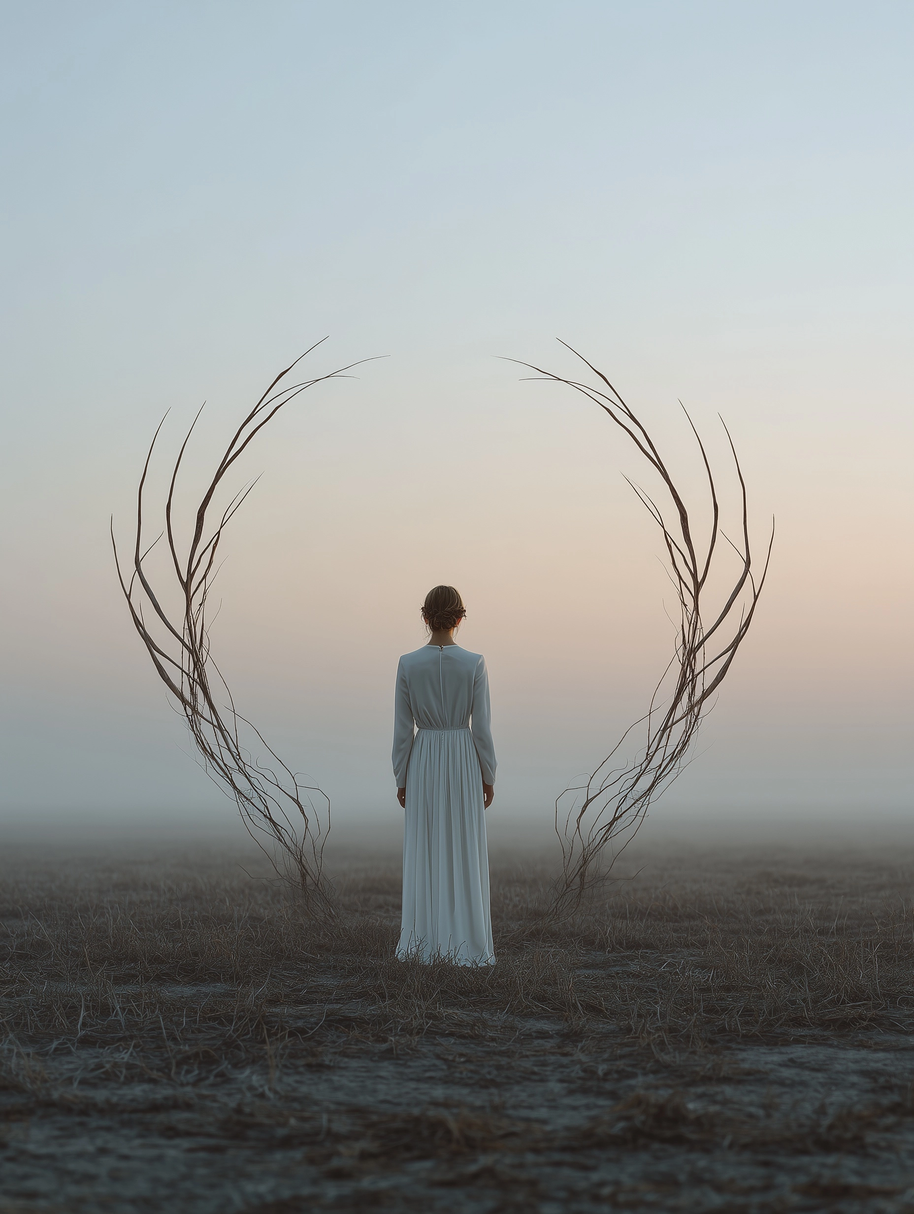 A young woman in a plain white Easter dress stands alone in a dead field at dawn