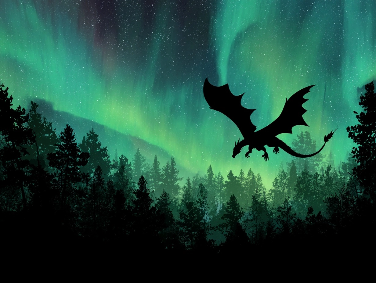 A green dragon flying over the forest, silhouette of the northern lights in the background