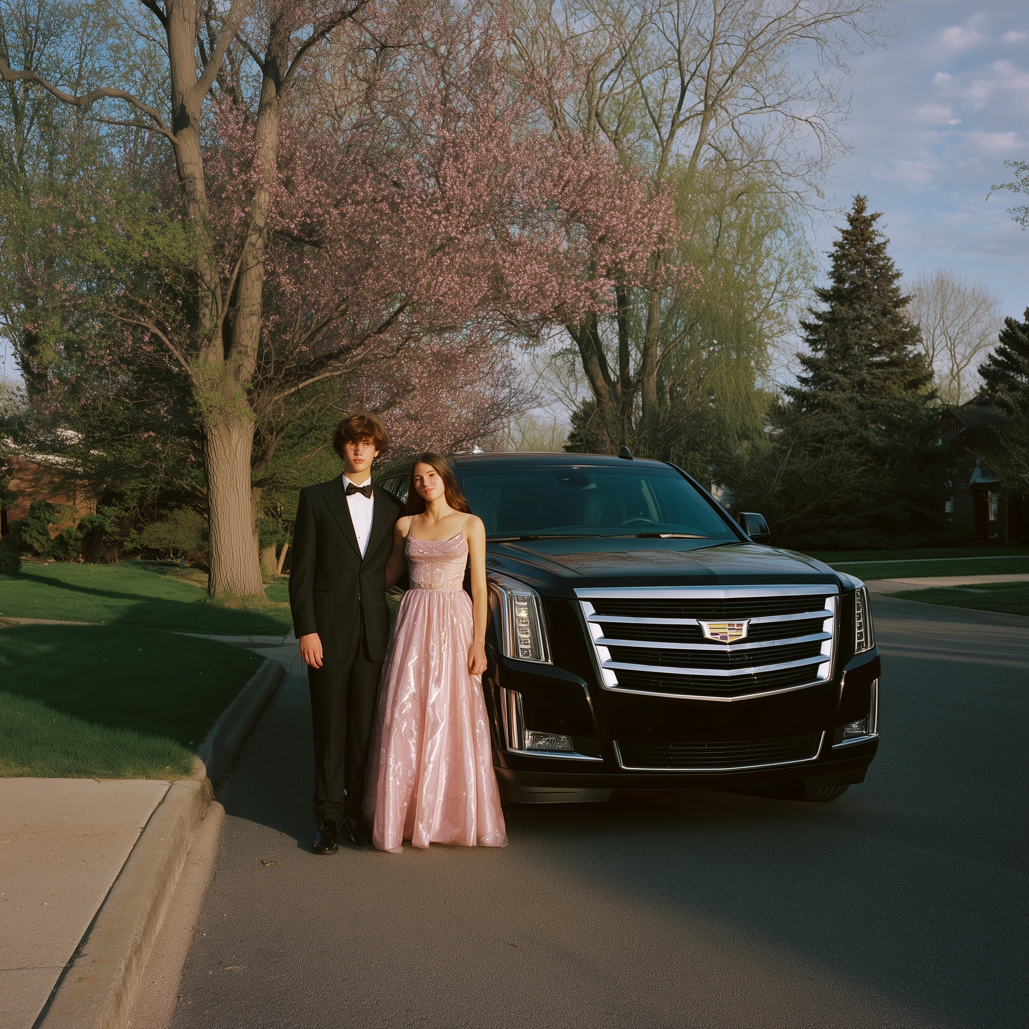 A highly realistic photograph of a high school boy and girl dressed for Prom