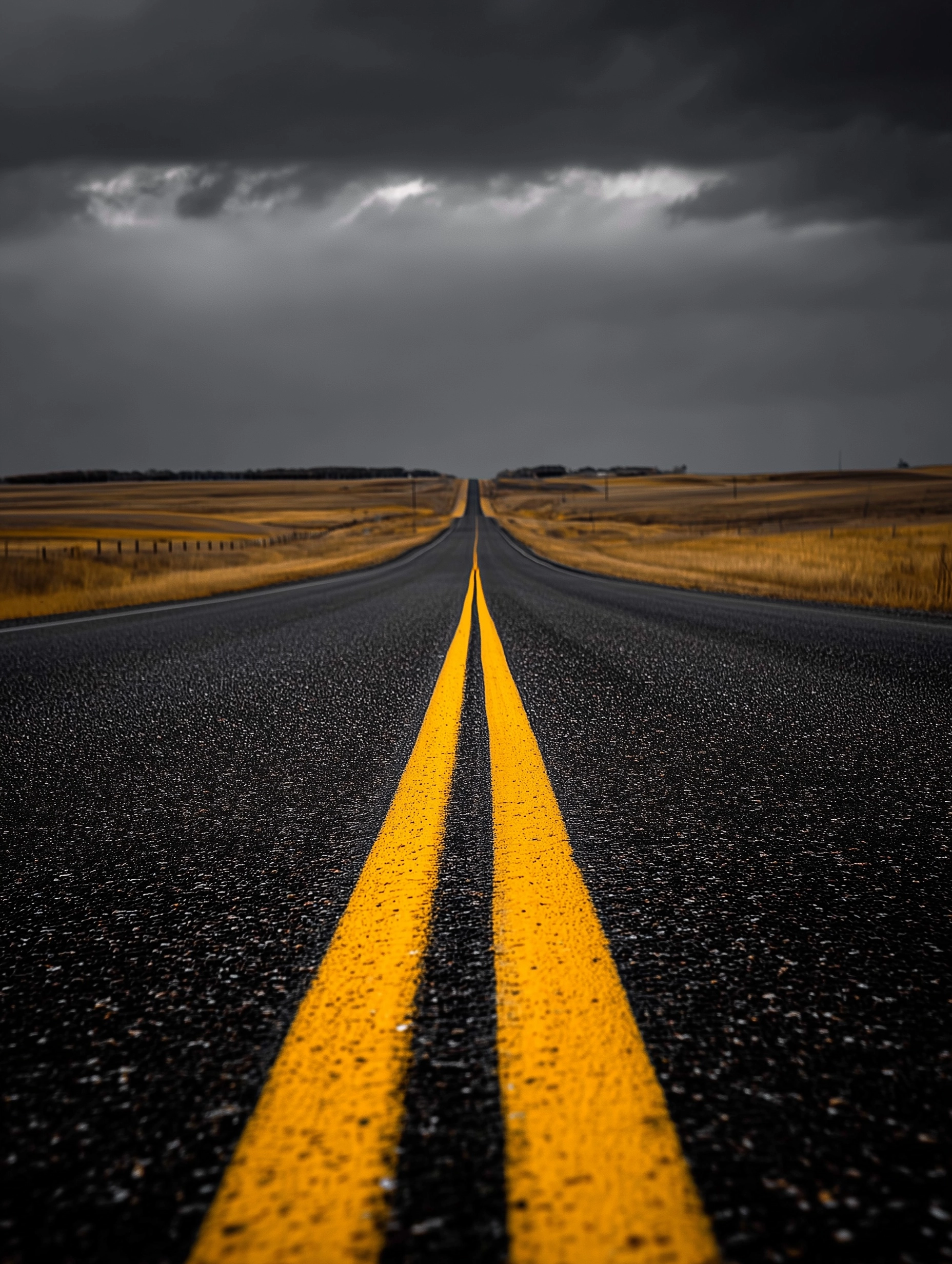 A highway in black yellow and white straight to the horizon