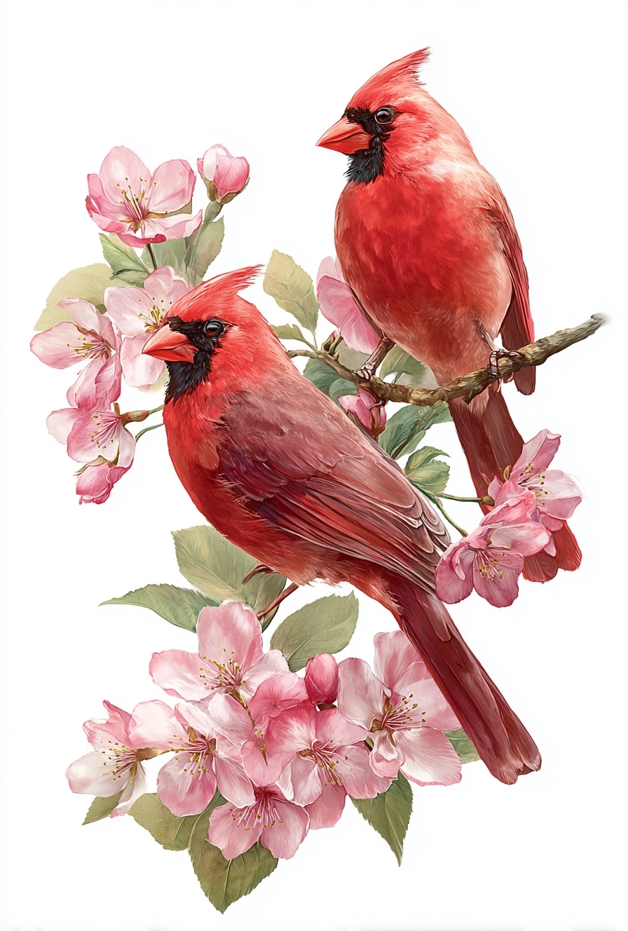 A pair of red cardinals perched on cherry blossoms, surrounded by delicate pink flowers and green le