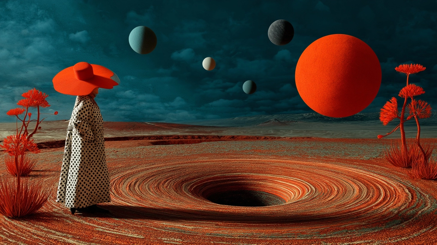 Surreal avant-garde photography. An older model with an oversized abstract orange hat and a polka do