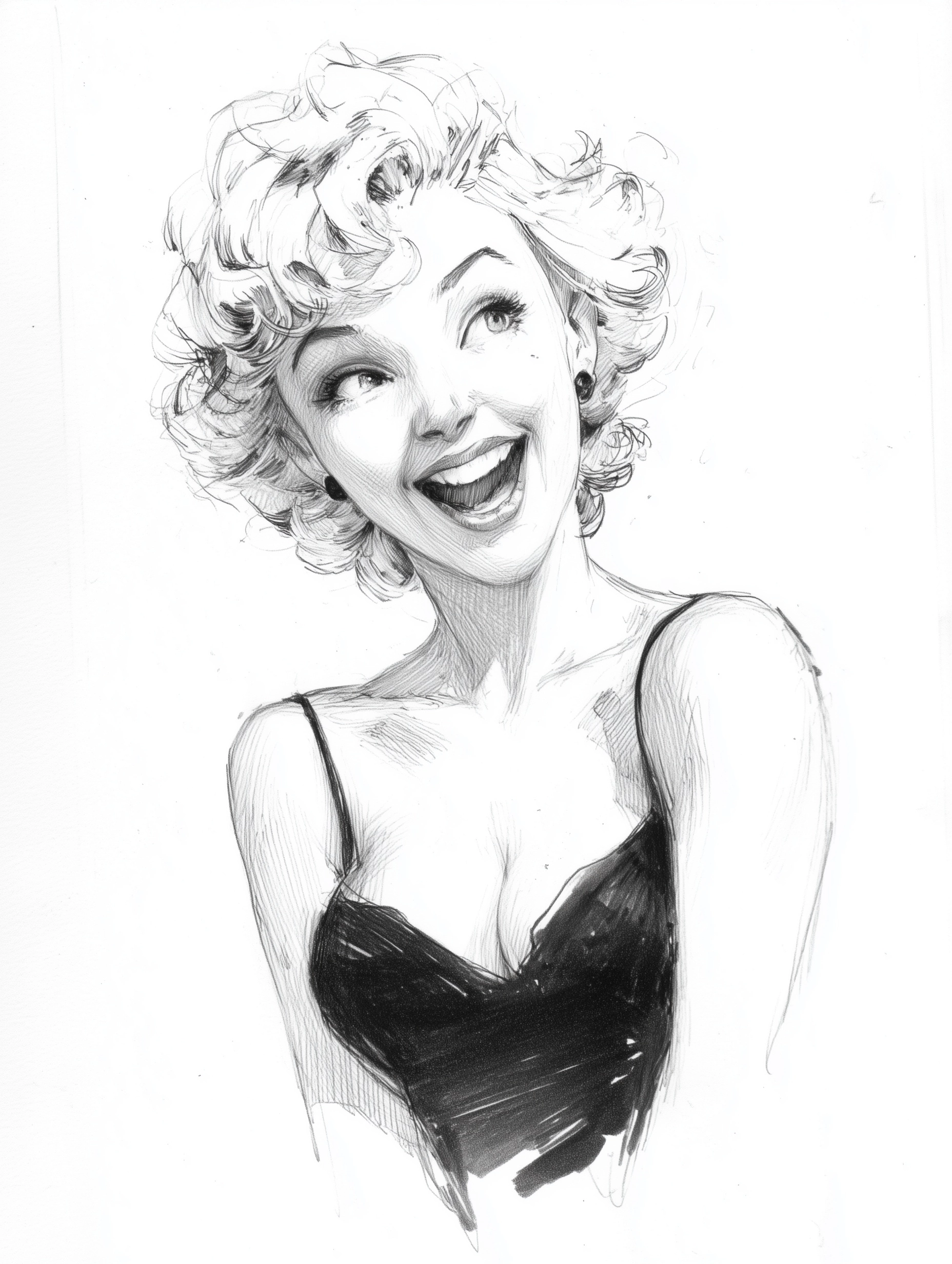A Pencil drawing in black and white of a cute funny smiling open shoulders vivacious pin up girl in