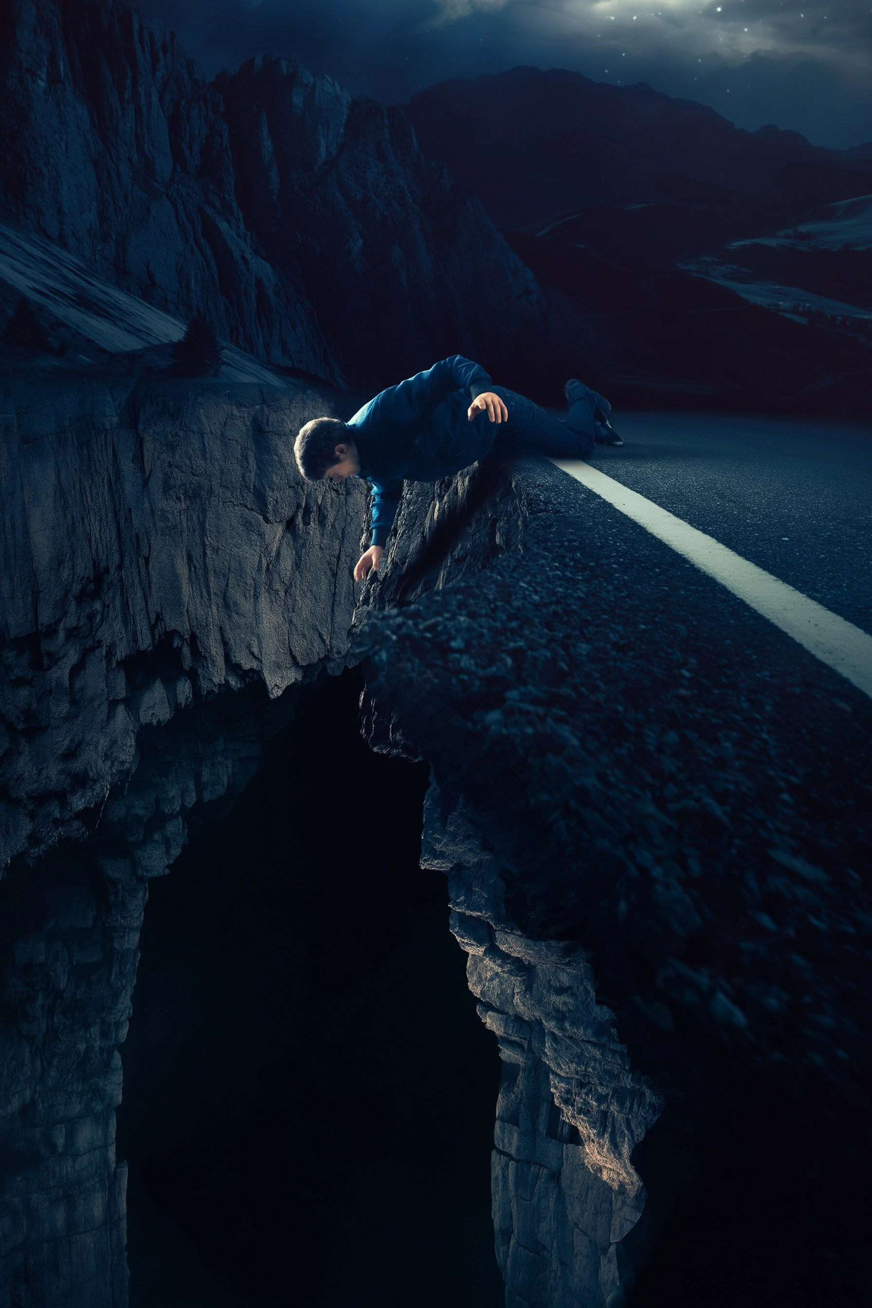 A person slipping off a mountain road cliff at night, body half over the edge