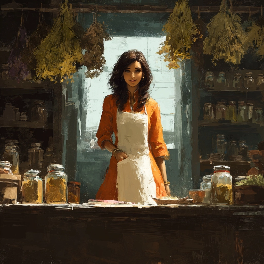 Realistic style, painterly, character art, beautiful woman, long brown hair, tan and orange kurta