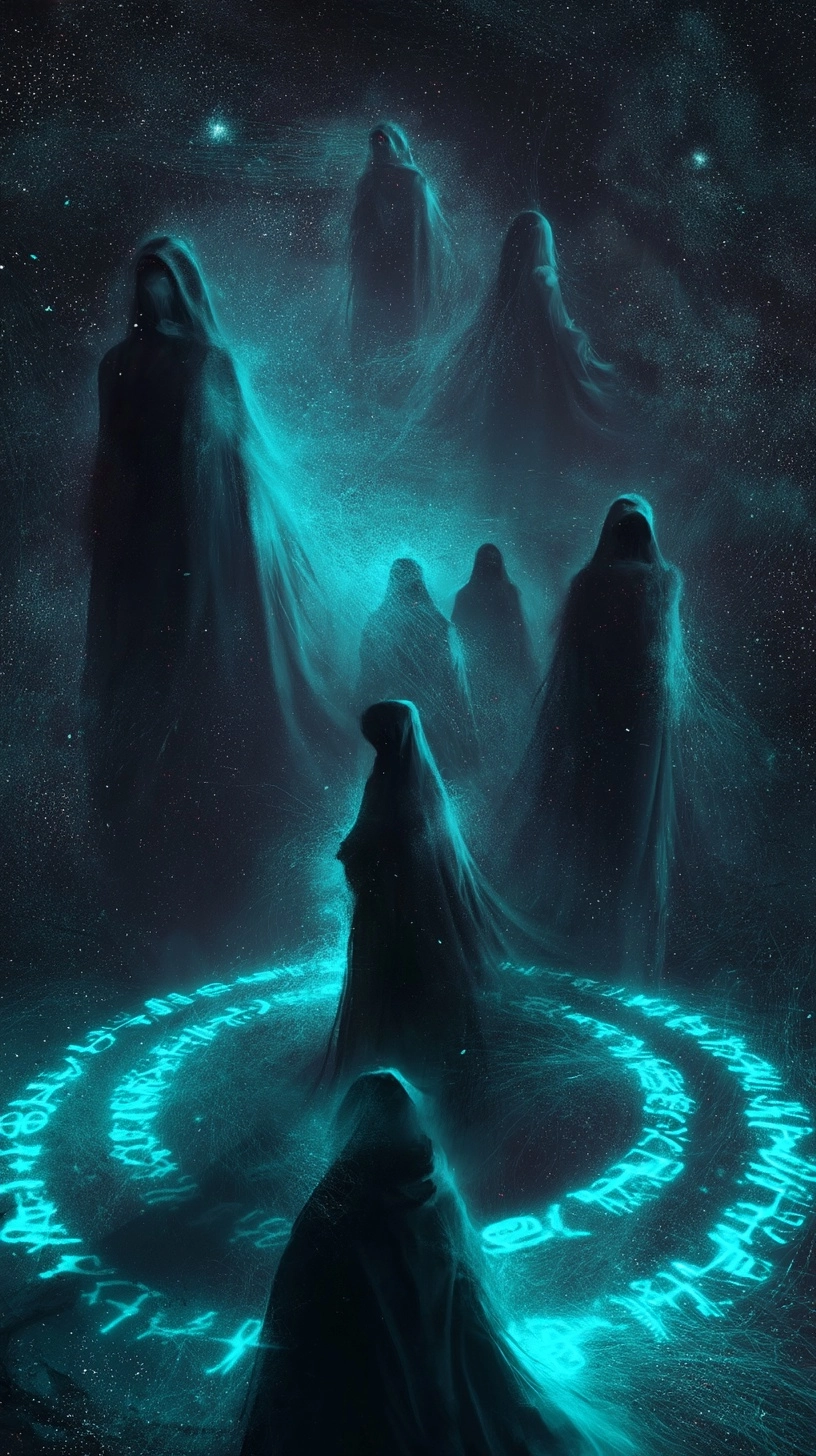 Ethereal figures cloaked in shimmering starlight and fragmented nebulae dance across a canvas of swi