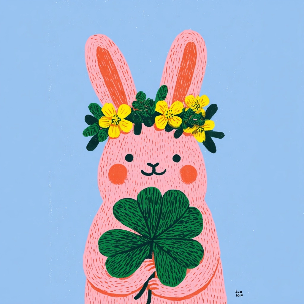 A pink rabbit with a happy smile, wearing a flower crown made of green and yellow flowers