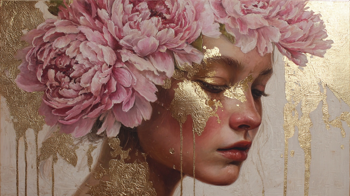 A portrait of a woman with pink peonies in her hair, wearing gold leaf makeup and glistening skin