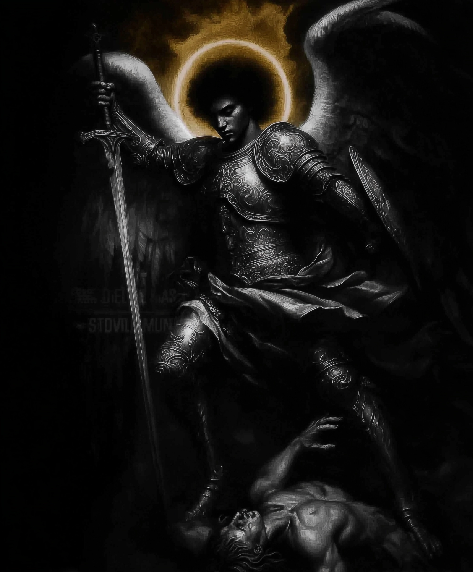 A powerful archangel standing in a dominant heroic pose