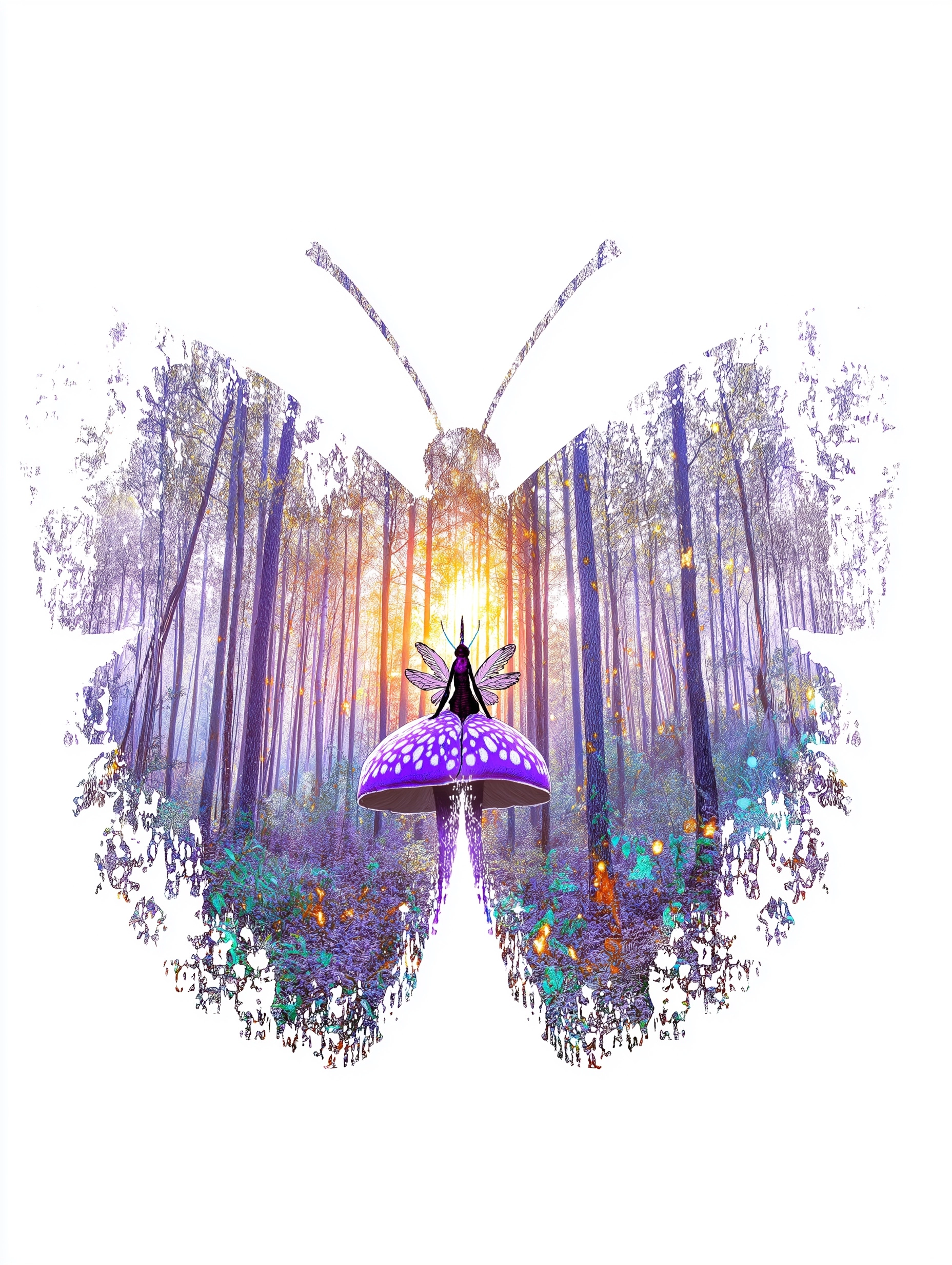 A psychedelic mandala double exposure watercolor image of a butterfly wings silhouette