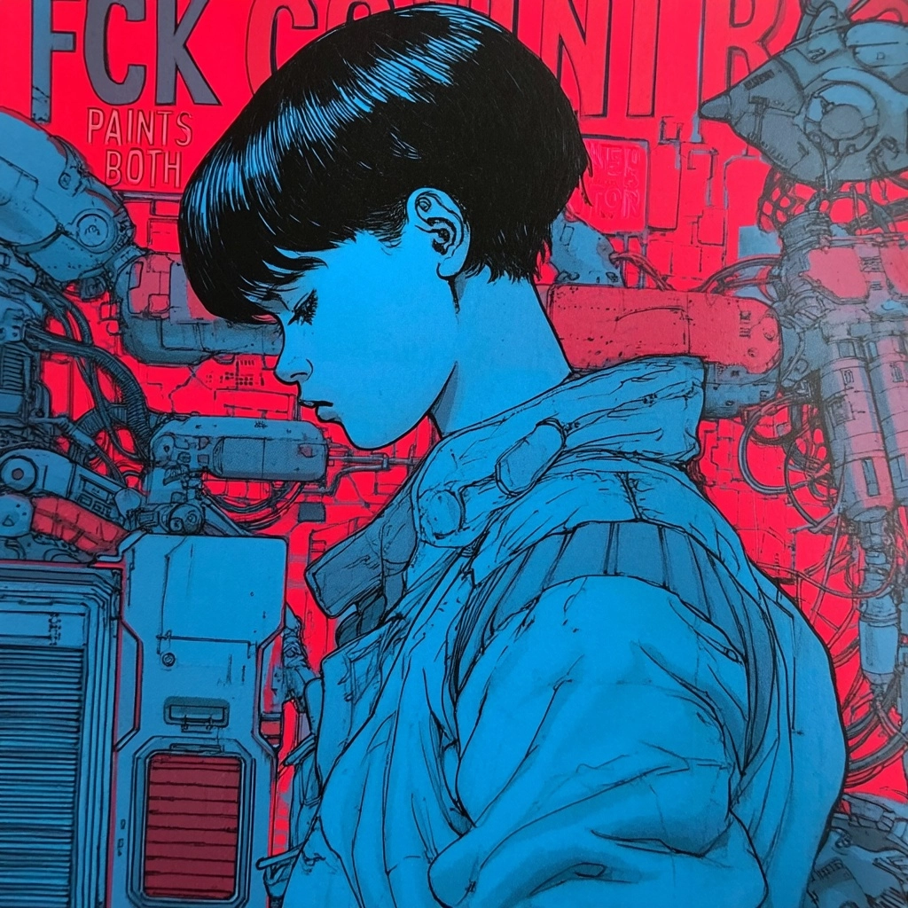 A red and blue colored poster of the movie "fck countr paints both", with the words written on it