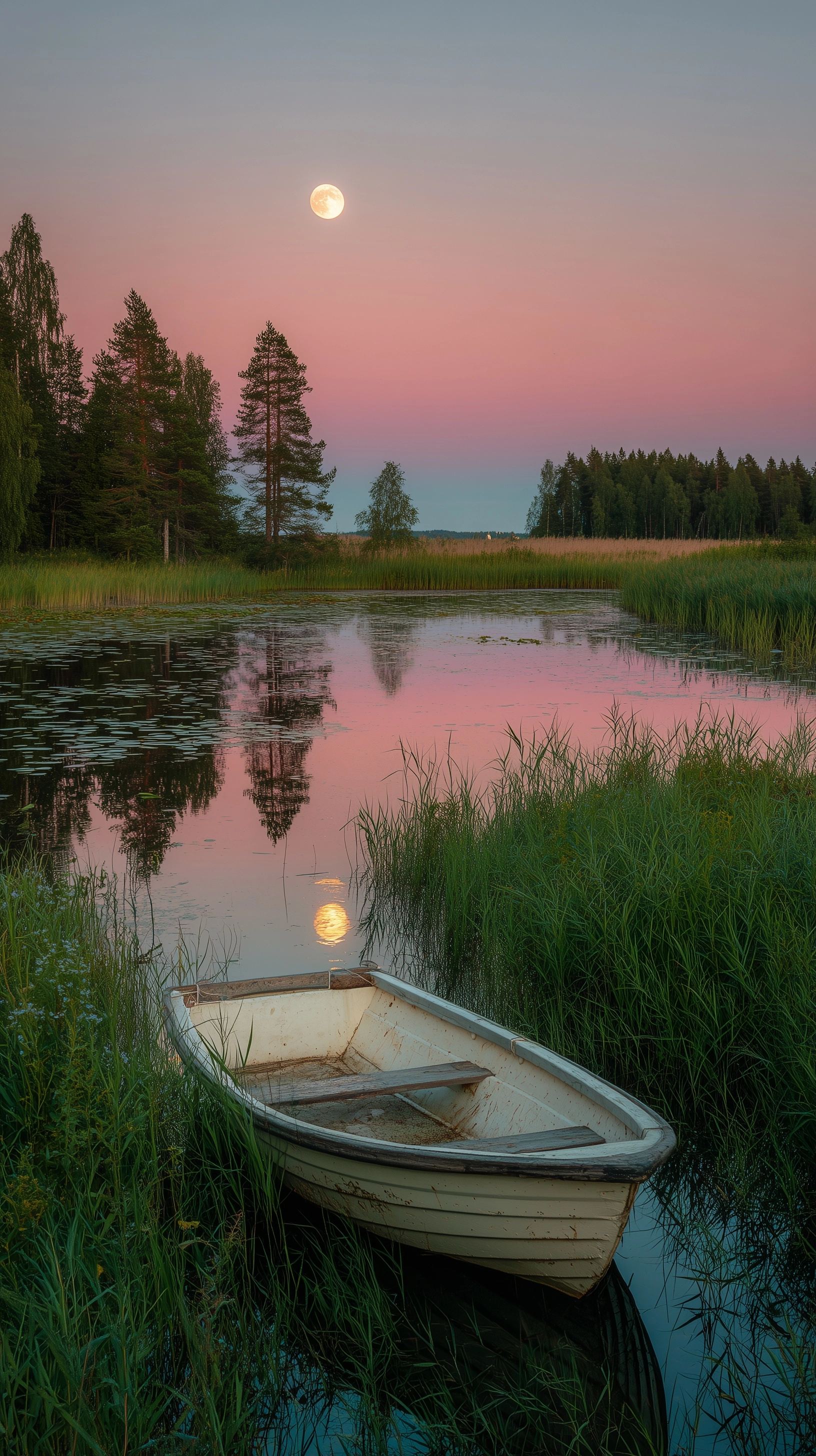 A serene summer night in the finnish countryside, with moonlight reflecting on water and lush greene