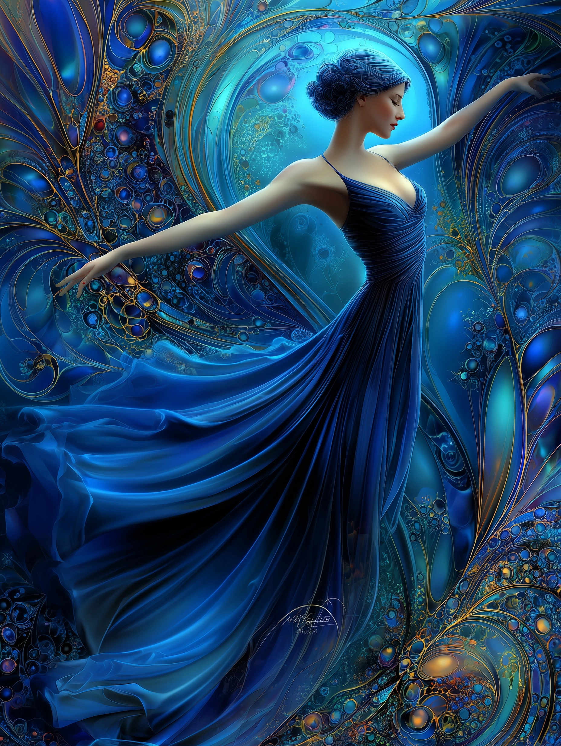 A serene woman floats gracefully in a vibrant aquatic scene. Her body is relaxed