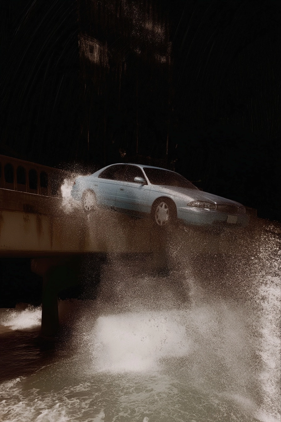 A silver sedan crashing in the sea from a bridge. black background