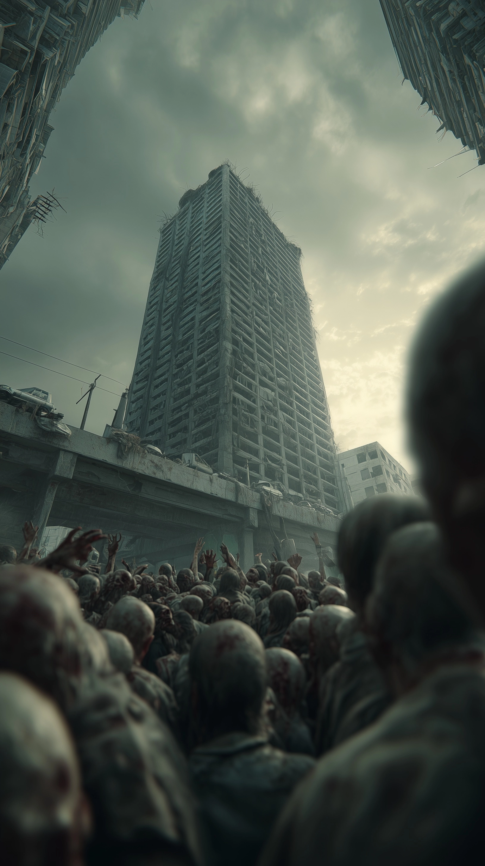Ultra-realistic cinematic low-angle zombie-perspective shot from street level