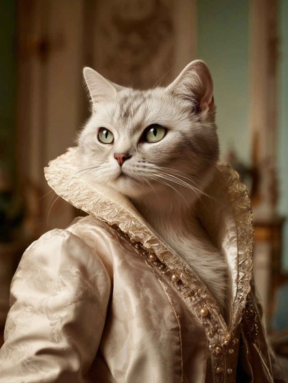 Photorealistic head and shoulders portrait of a European Domestic Shorthair cat dressed as an elegan