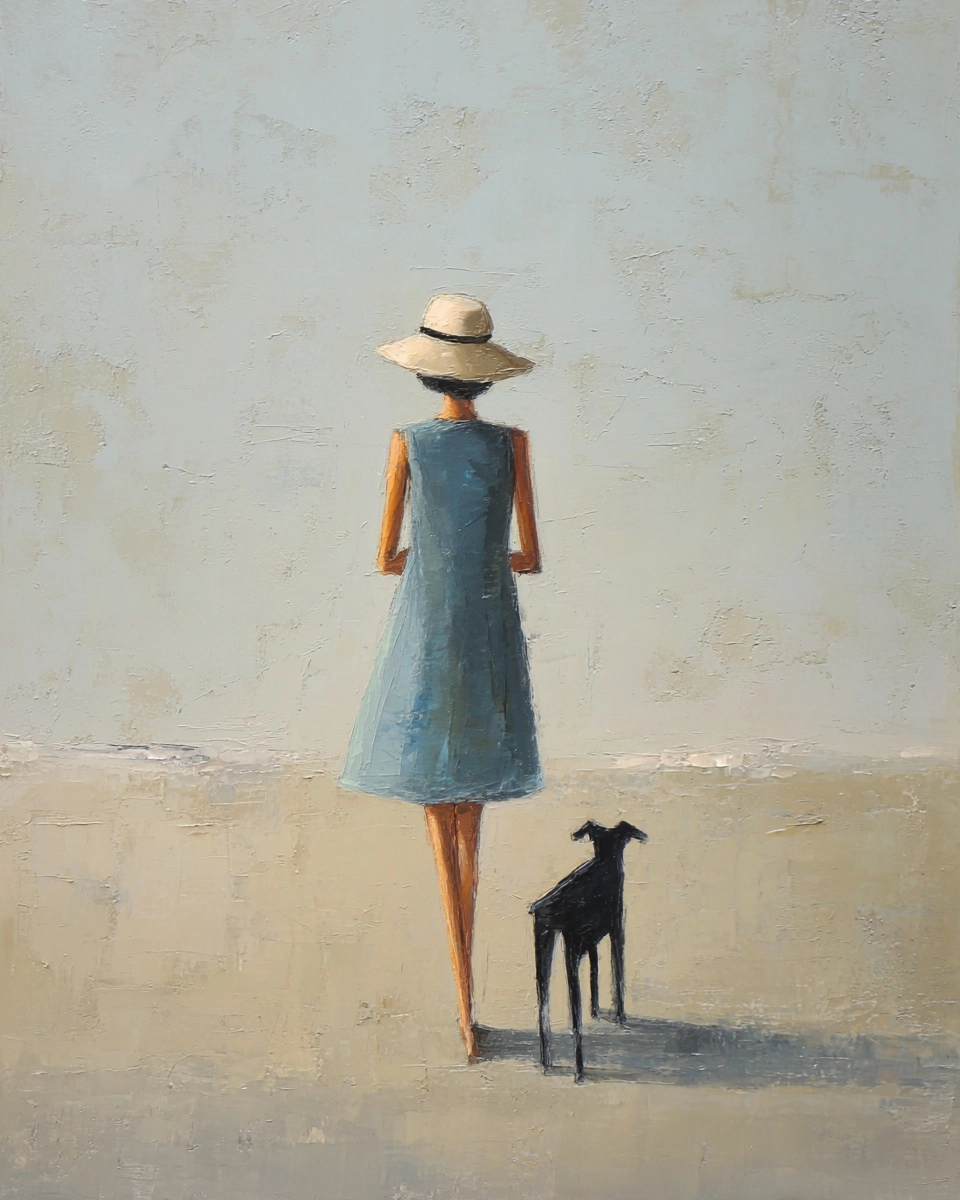 A simple loose oil painting, abstract stick-figure woman form, we only see her from the back