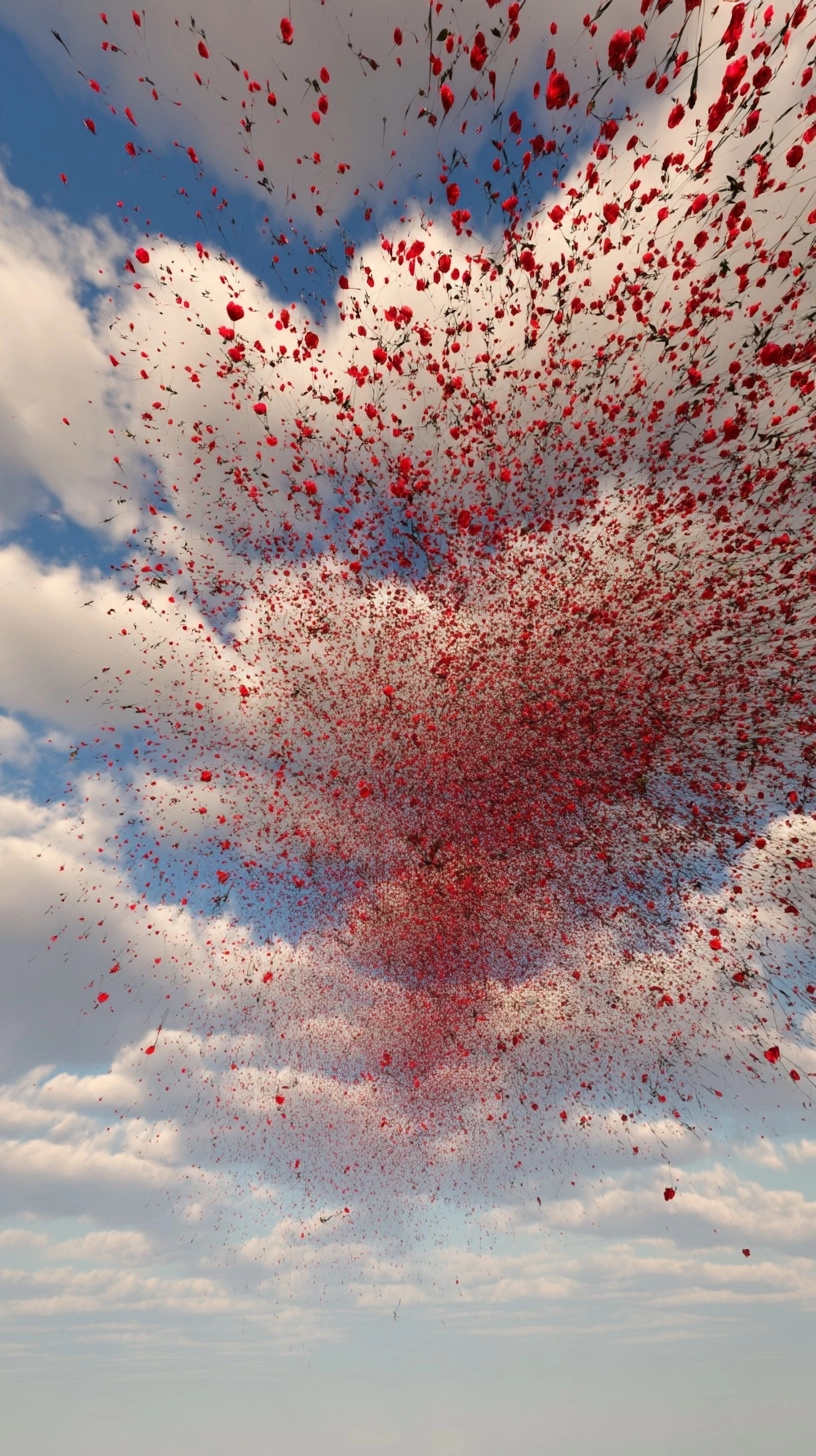 A sky full of tiny red flowers is falling, looking like volcanic ash. Realistic 3D effect.