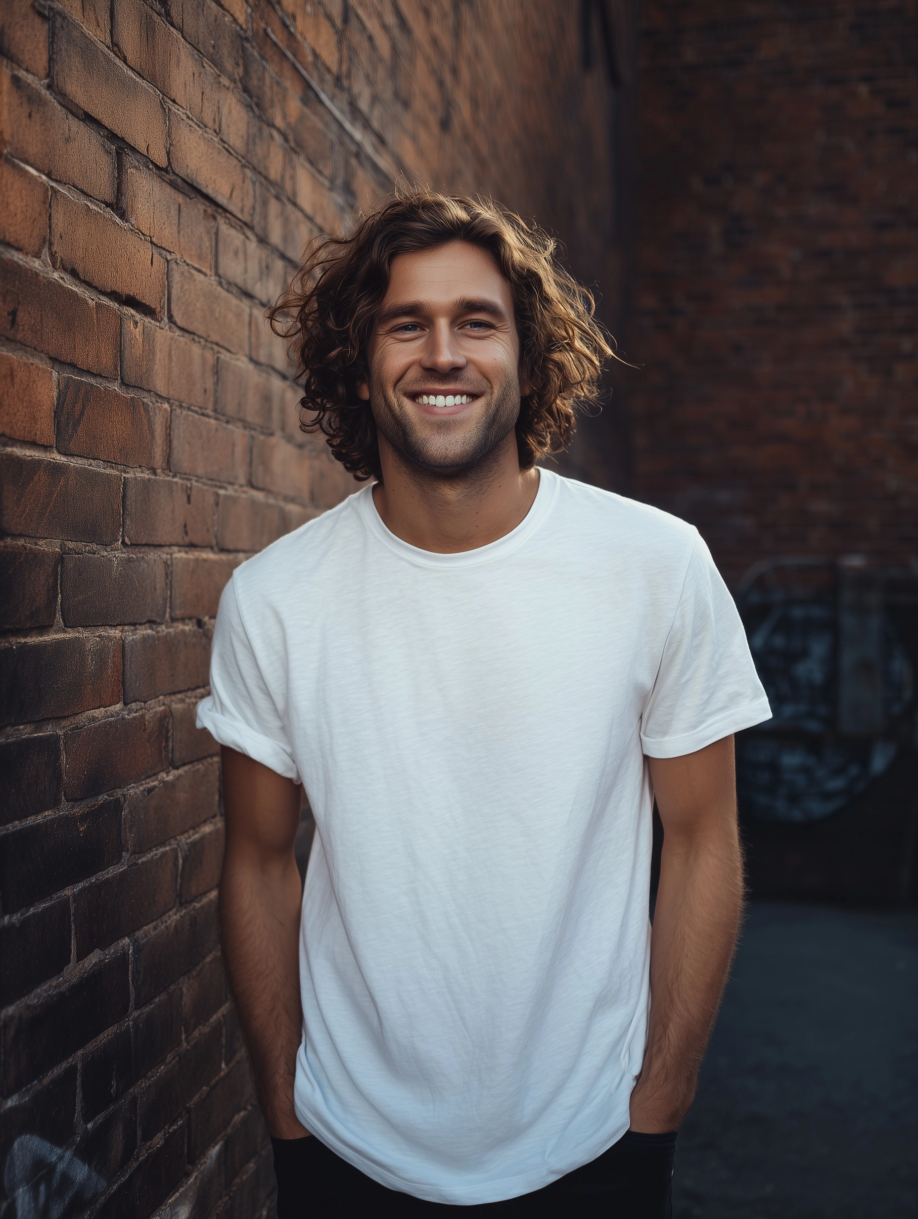 A smiling handsome indie male wearing a pressed crease free plain white t-shirt, mid-length hair