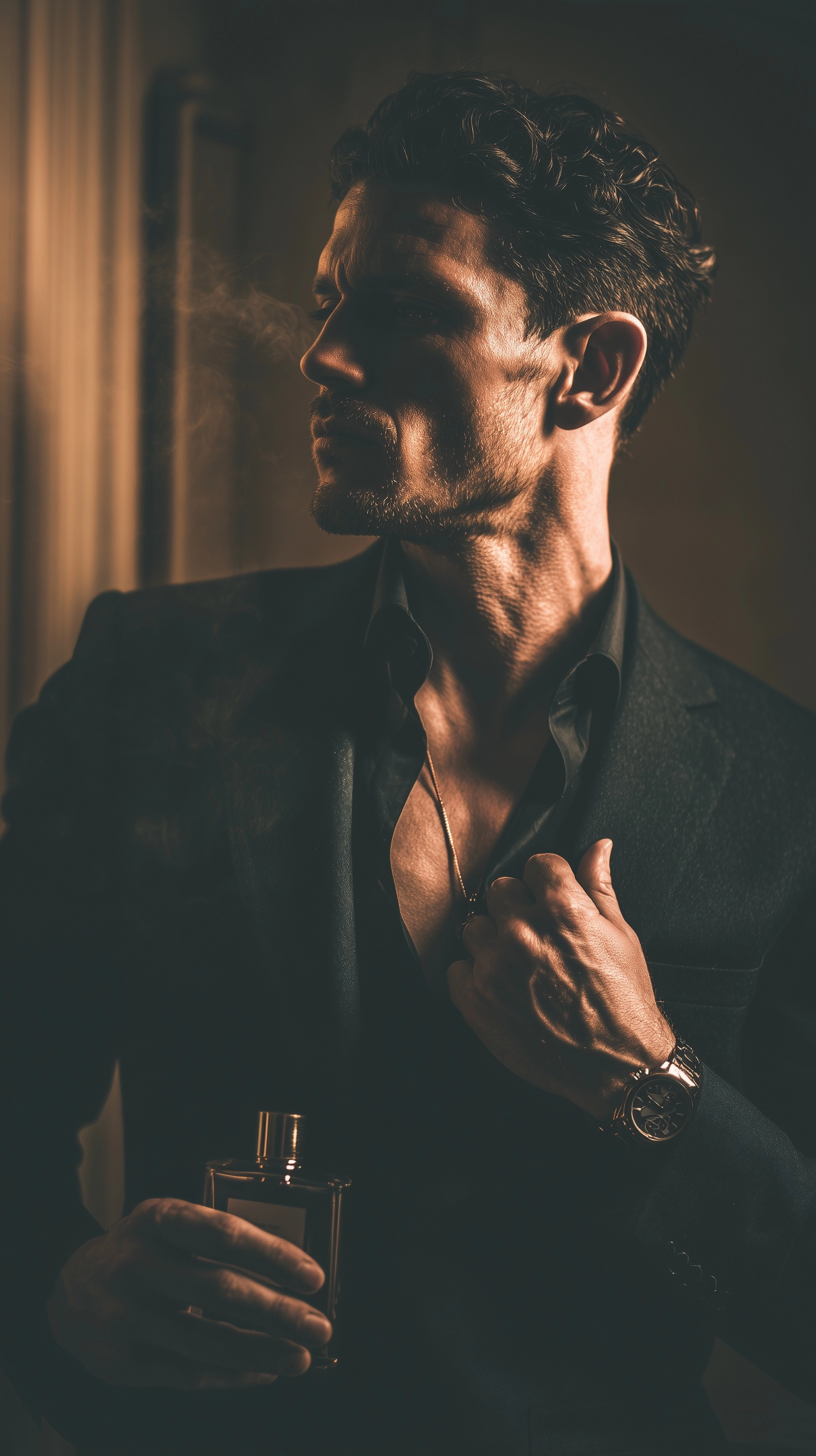 A stylish man standing near the entrance of his apartment