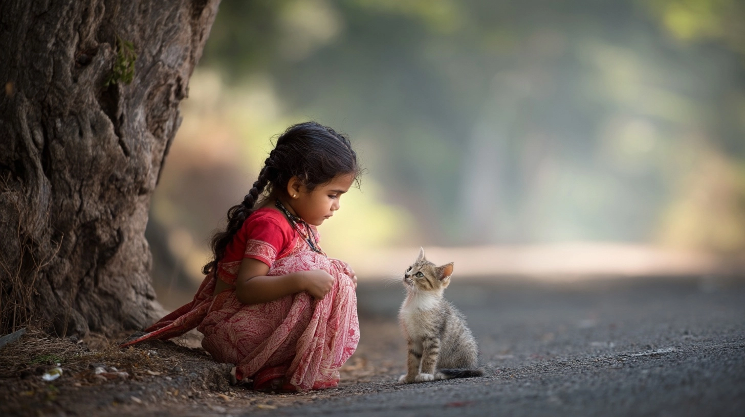 A unique little indian girl and a kitten near a tree by the road