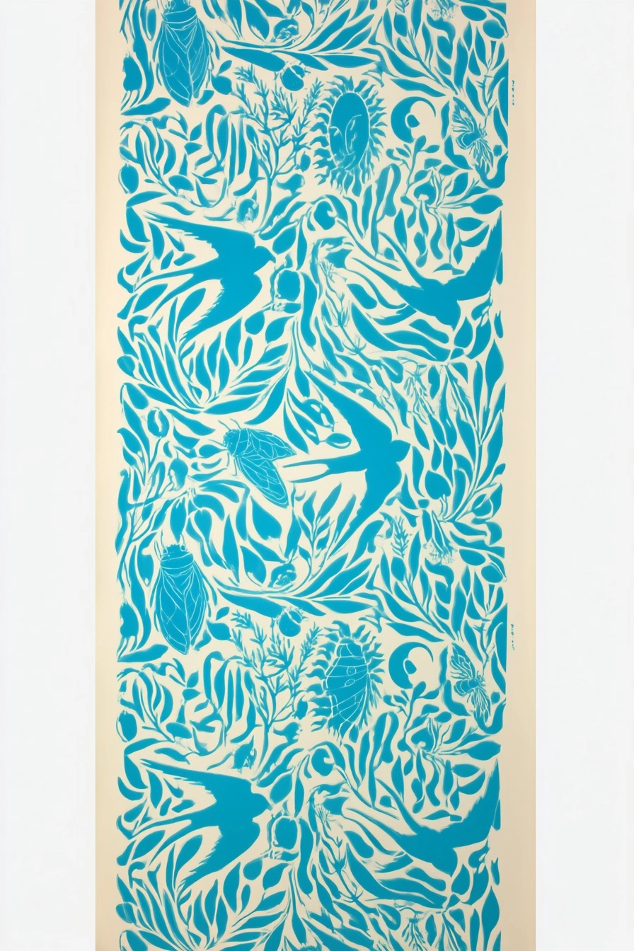 A vertical stencil design. The composition features silhouettes of flying swallows