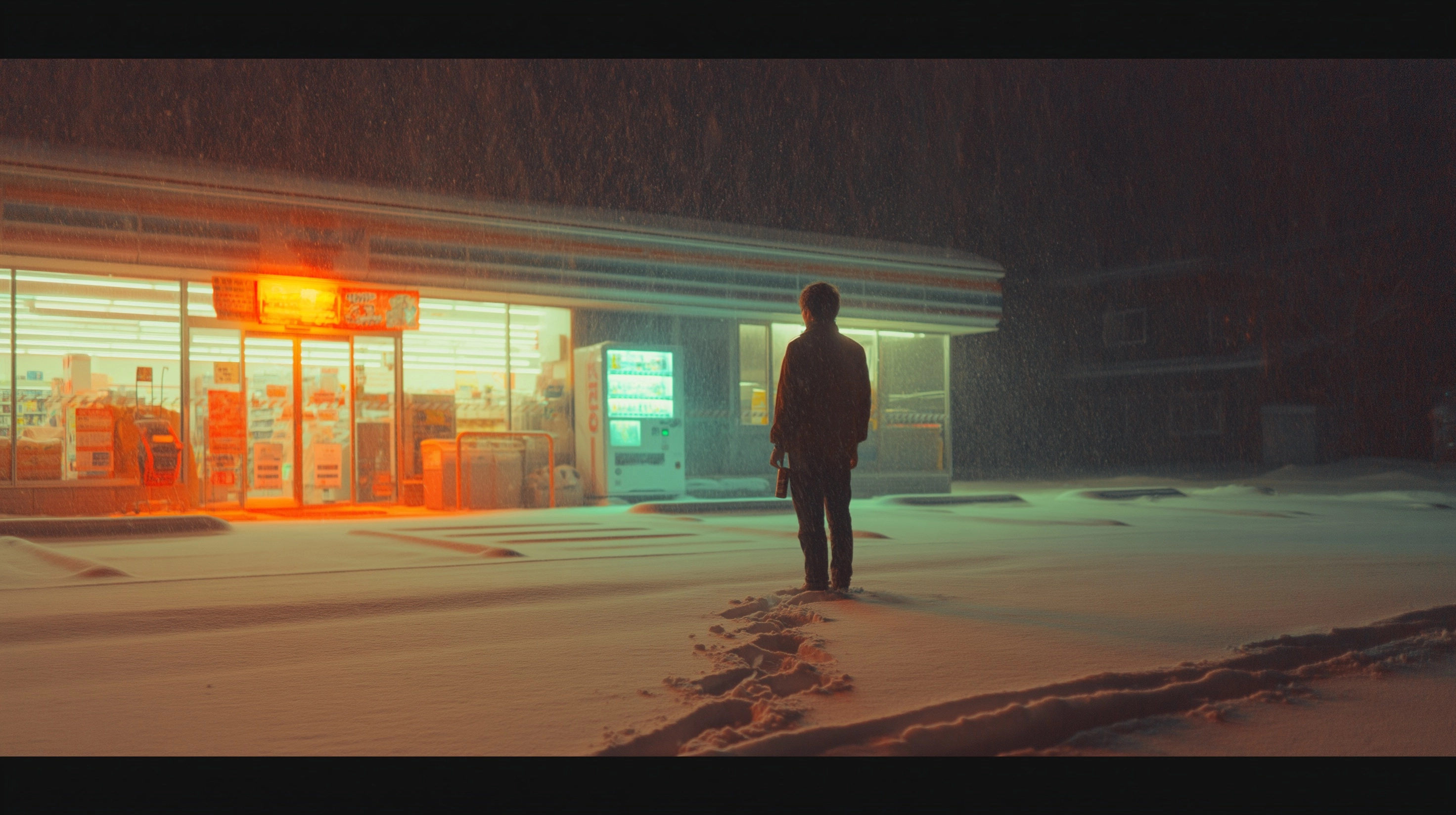 Cinematic still photo, young Japanese man standing alone in snowy convenience store parking lot at n