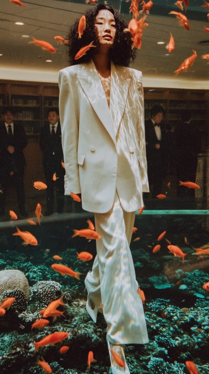 A vogue-style photoshoot of an asian super model with curly hair